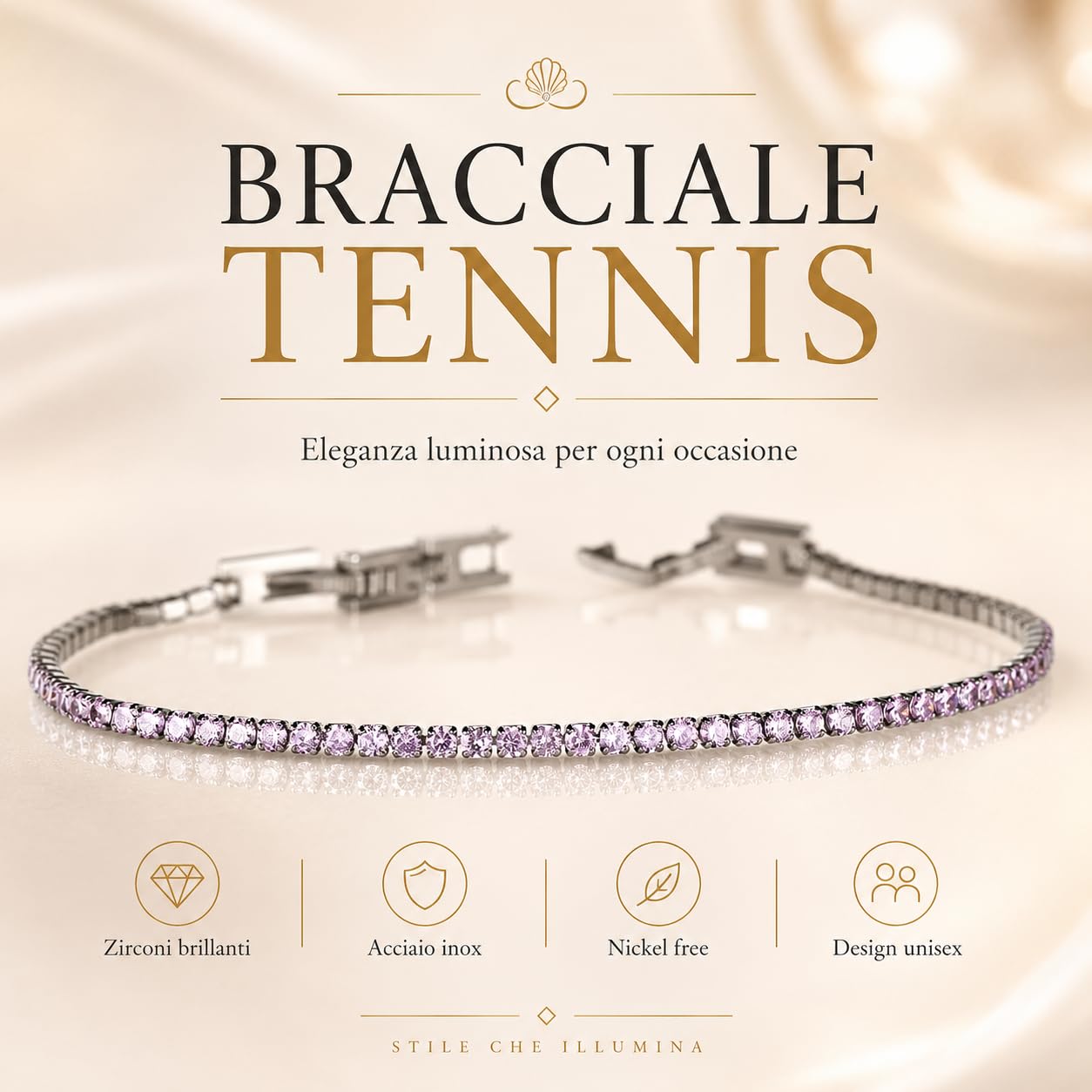 Bracciale Tennis Acciaio Inox Zirconi taglio Brillante 2 mm Lunghezza regolabile