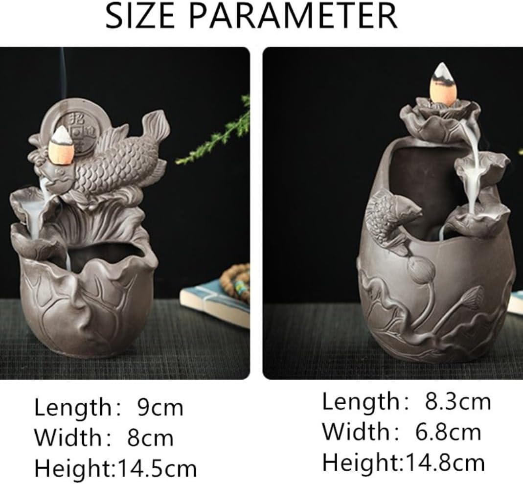 Purple Sand Backflow Incense Burner Koi Carp Decoration Handmade Smoke Incense Holder Aromatherapy,Meditation,Living Room Office Decor (A)
