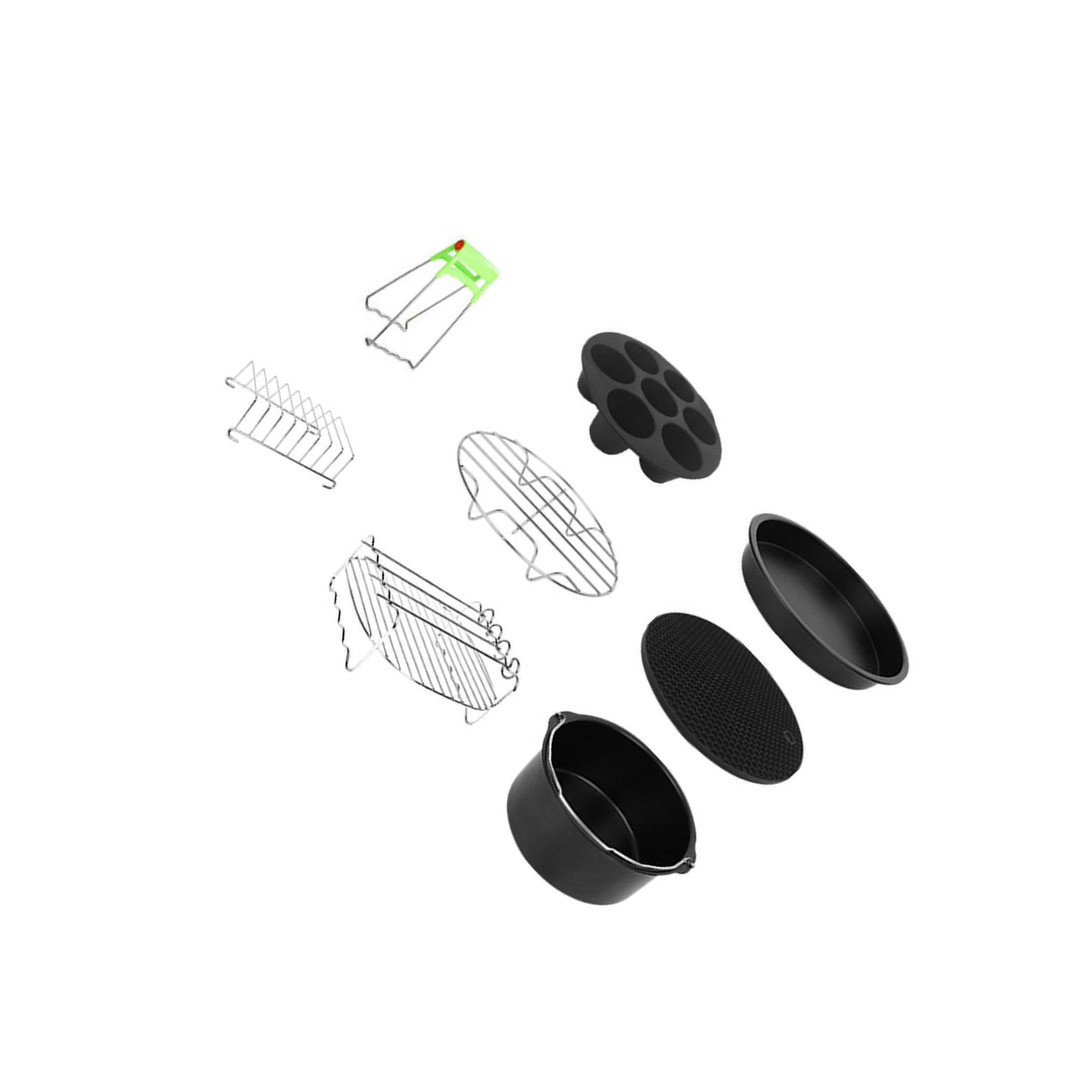 Set di 8 accessori per friggitrice ad, include una varietà di | forno, tra cui cestini per torte, pirottini per muffin, teglie per pizza, stampi per grigliate, utensili per cucinare.