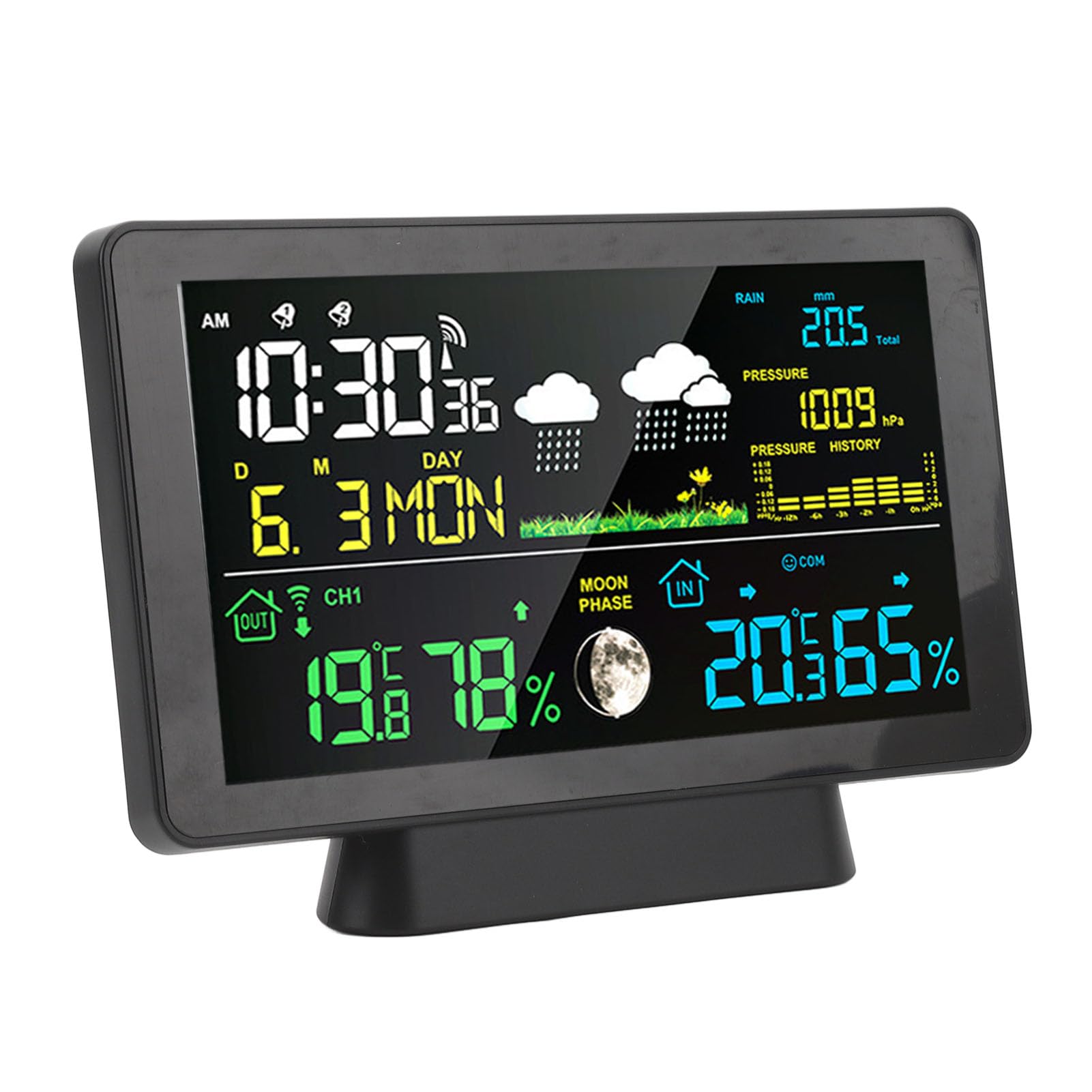 Wetterstation mit Sensoren, 7,5 Zoll Farbdisplay Vorhersagestation mit Regenmesser, Digitale Wetteruhr, Kabelloser Innen und Außentemperaturwecker