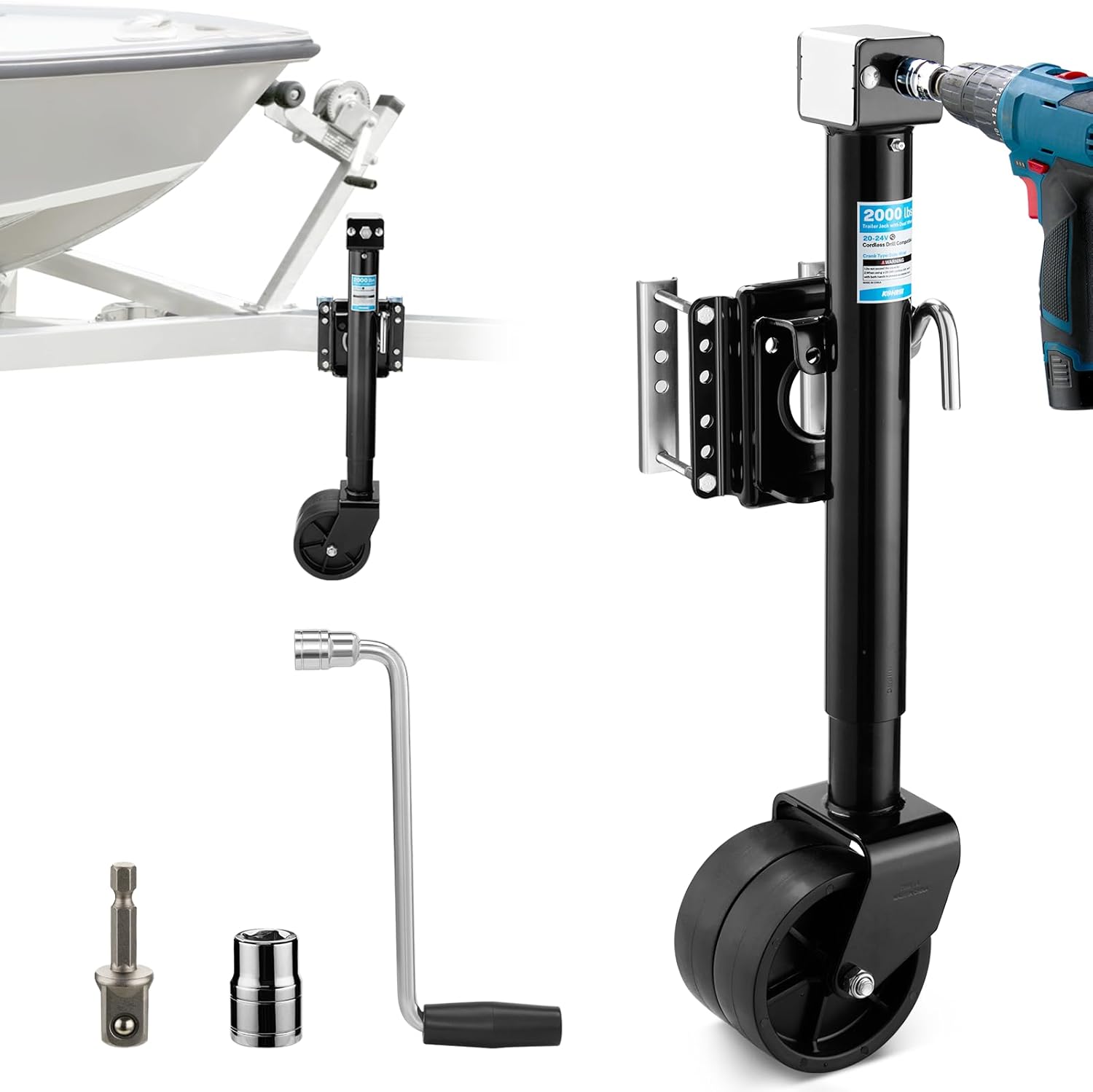 Kohree 2000 lbs Trailer Jack with Dual Wheel, 20-24V Cordless Drill Compatible, Heavy Duty Bolt on Trailer Tongue Jack for RV, Boat, Black, 12" Lift