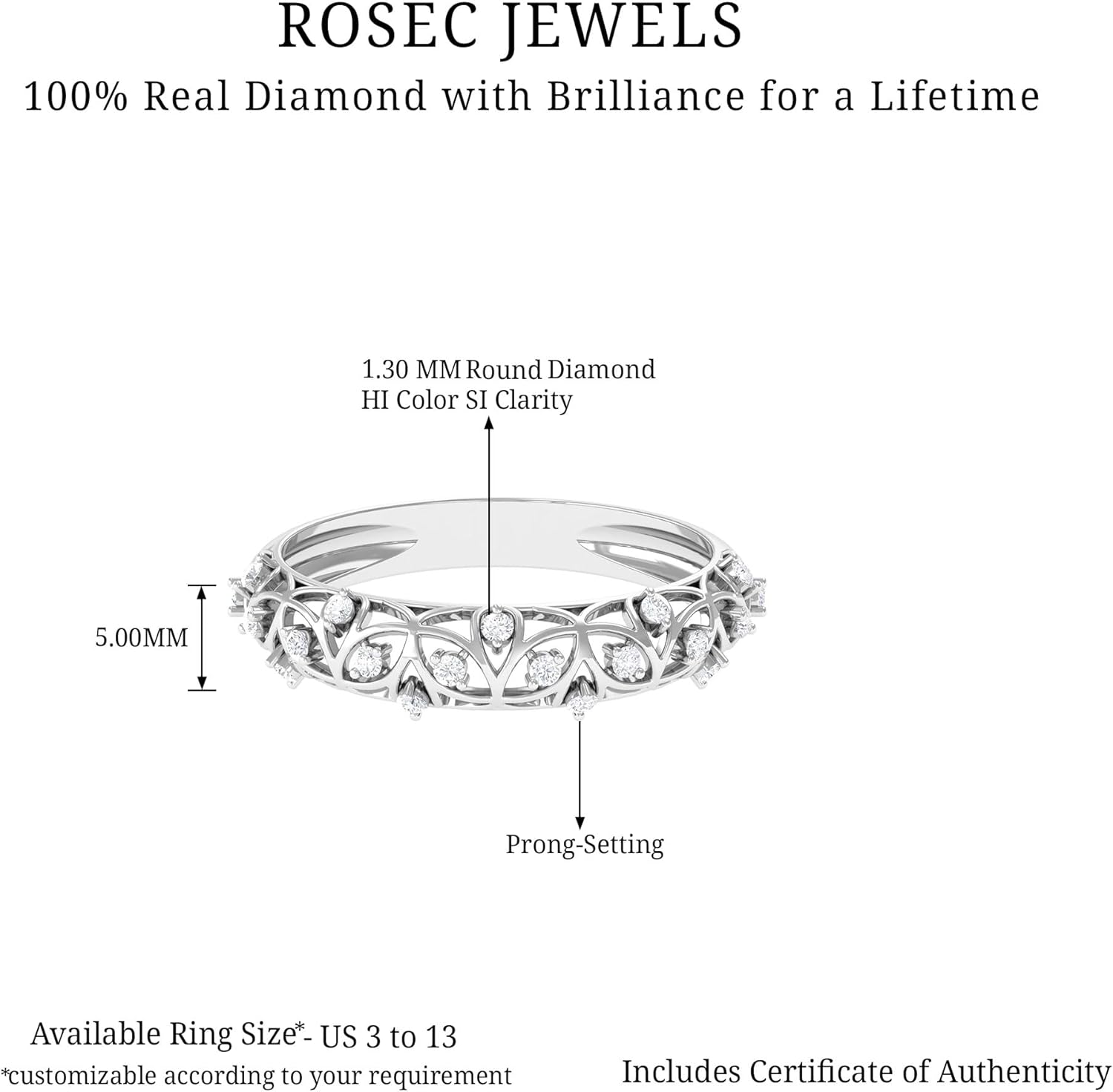 14K Yellow Gold Diamond Filigree Eternity Band, Hi-Si Quality, Certified Diamond Wedding Ring - Xmas Gift Ideas For Her