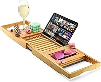 HOMEIT Luxury Bamboo Foldable Bathtub Caddy Tray - Waterproof Expandable Bath Organizer for Wine, Book, Phone, Soap - Fits Most Tubs