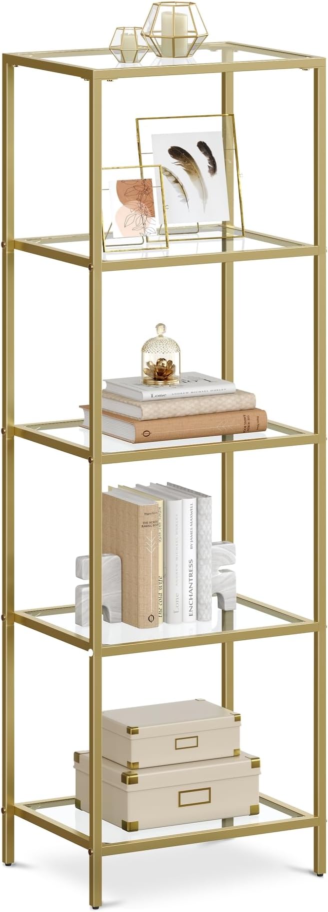 VASAGLE 5-Tier Glass Shelf, Bookshelf, Storage Rack, Tempered Glass, Easy Assembly, for Bathroom, Living Room, Bedroom, Office, Metallic Gold LGT029A01