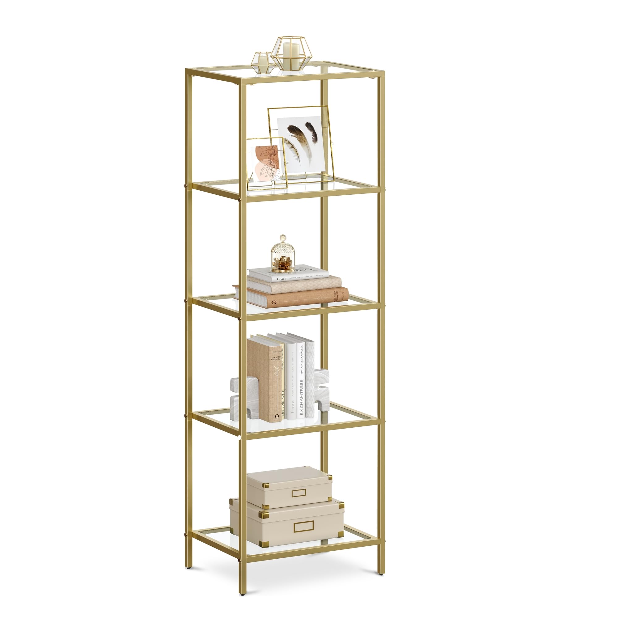  - Glass Display ShelfBookcase5 Tier OrganizerShelvesTempered GlassEasy InstallationMetallic Gold