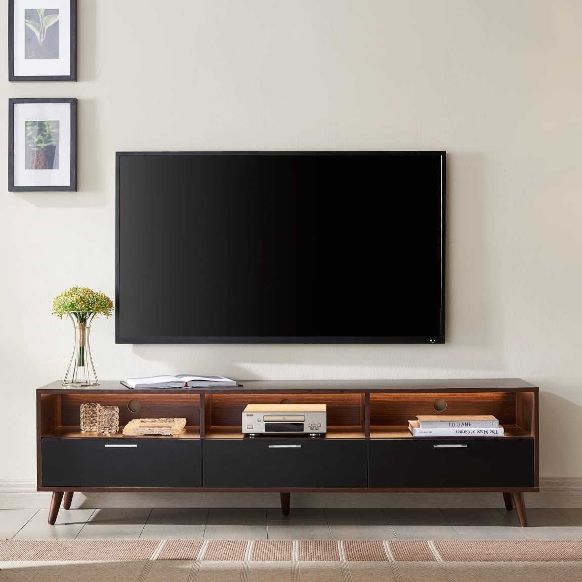 LED TV Cabinet TV Stand, 63 inch Media Console with LED Light, Entertainment Center, for TV up to 70 inch, Storage Cabinet TV Console for Living Room, Walnut Color