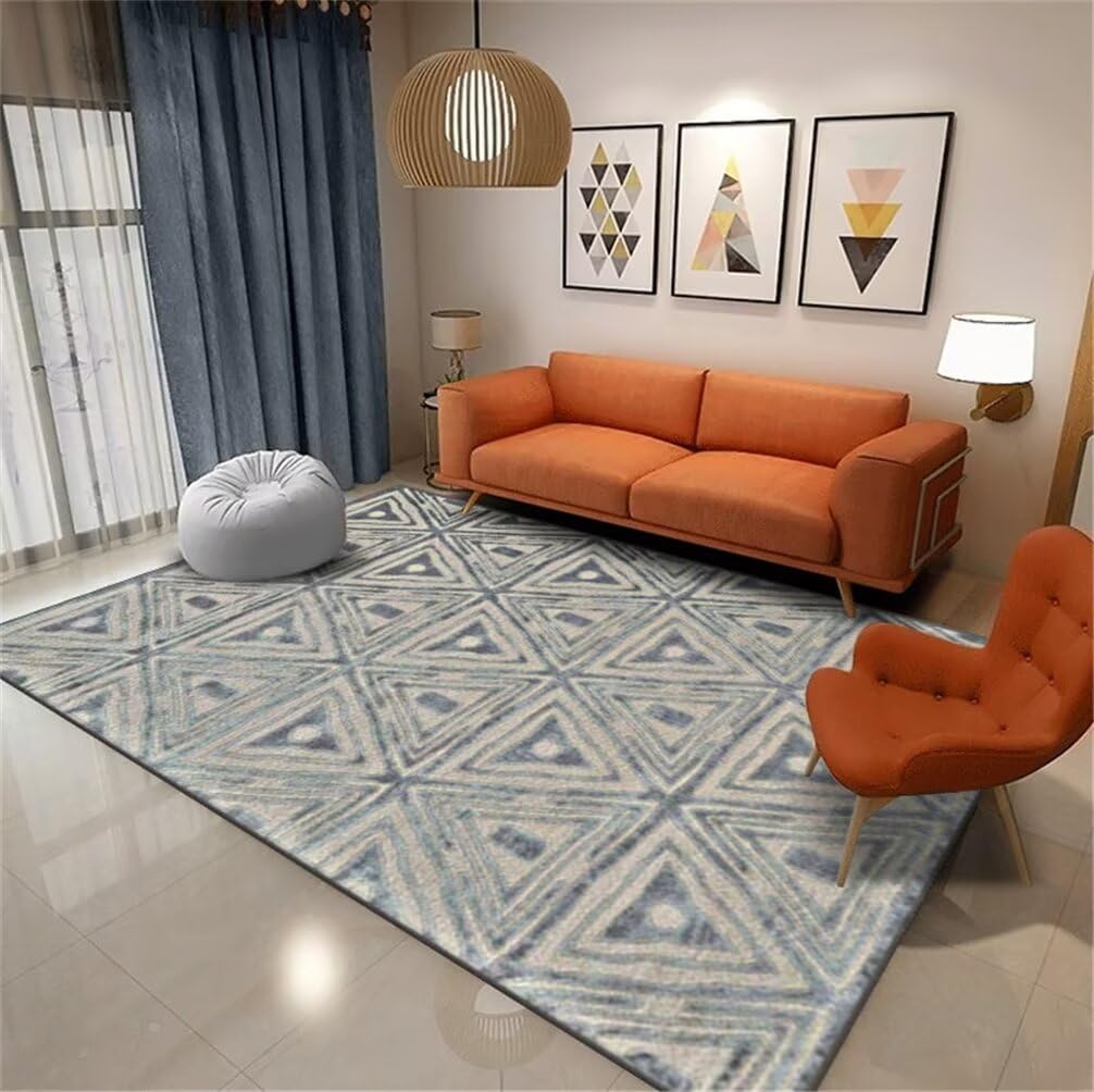 Tapis géométrique moderne bleu gris 90x180cm lavable et résistant pour entretien facile