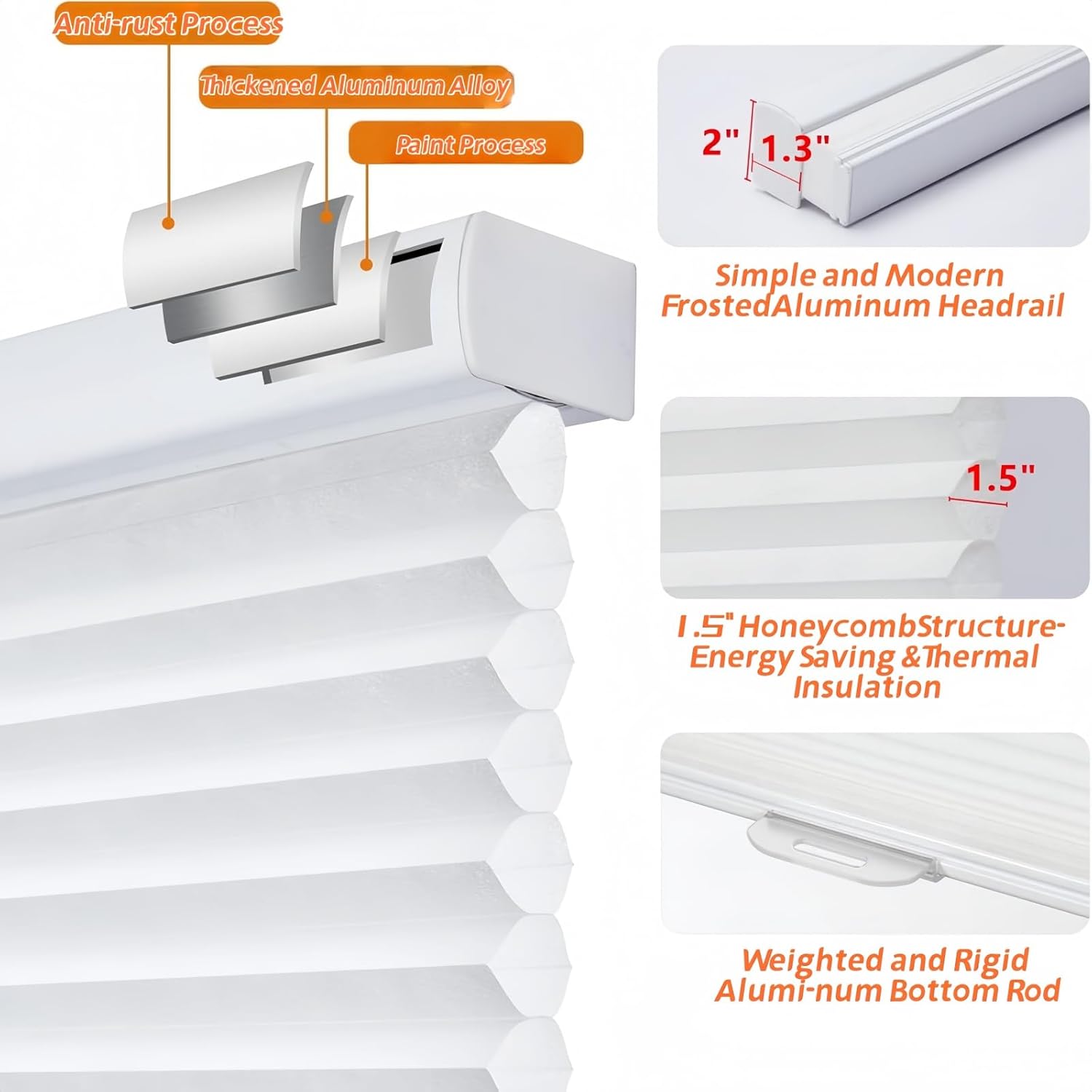 Cellular Shades Cordless,63" W×36" HInch .Wide Blackout Cellular Blinds for Windows,Heat Insulation Honeycomb Blinds White Window Coverings for Bedroom,Living Room,Office,Kitchen.