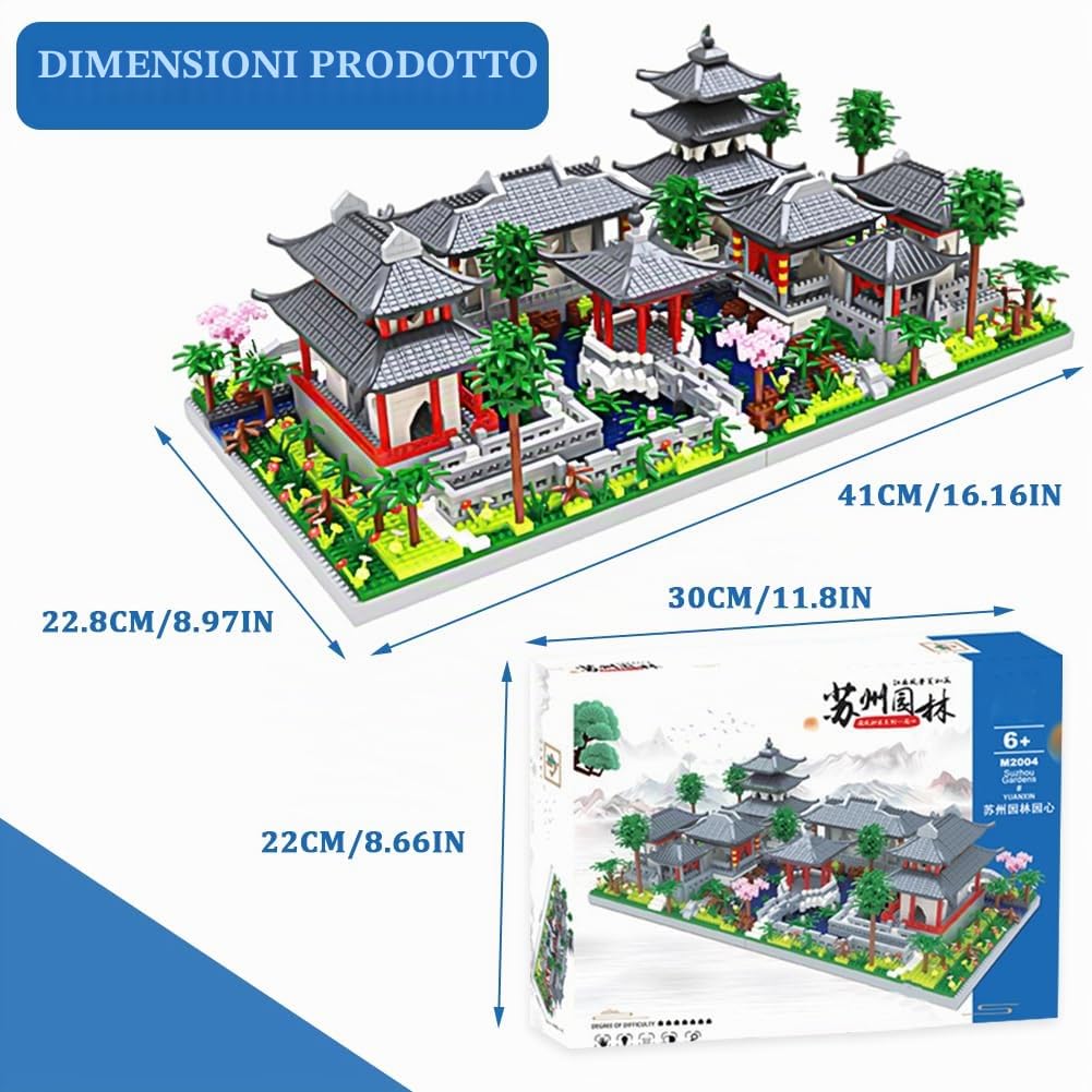 Cinese Architecture of Suzhou Garden Micro mattoncini da costruzione, set da 3888 pezzi, micro mini mattoncini da costruzione, pezzi classici Suzhou Garden decorazione per la casa, mattoncini da
