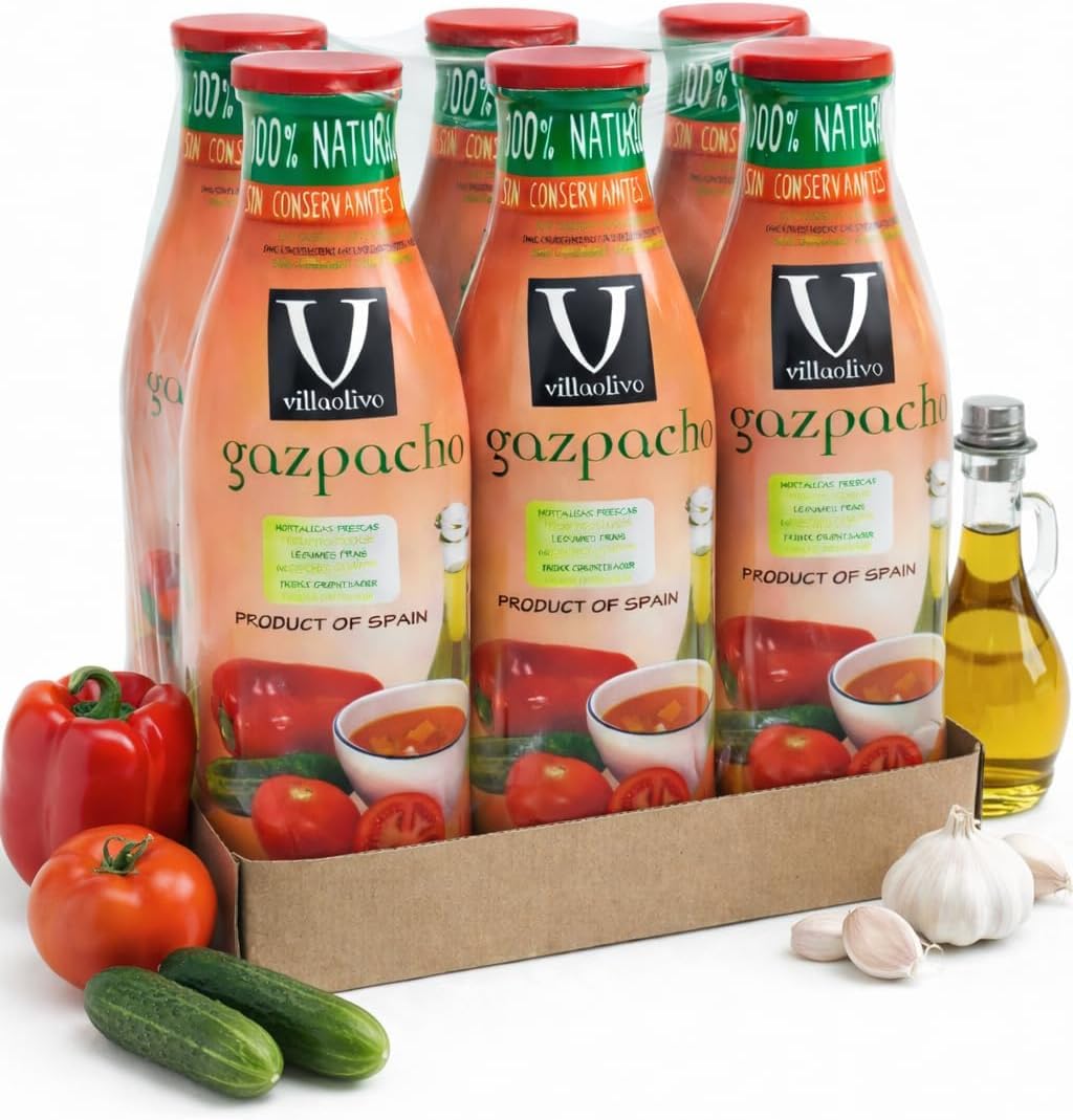 Villaolivo - Gaspacho 1L | Lot de 6 bouteilles en verre | Recette traditionnelle, 100% naturelle et sans conservateurs