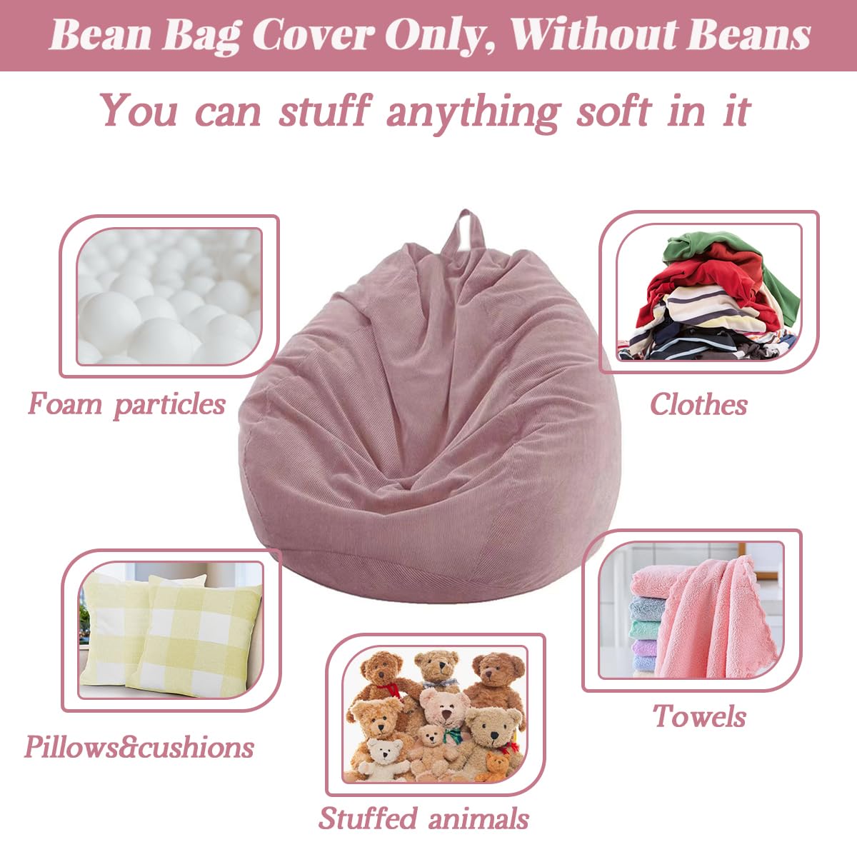 Highdi Poltrona Sacco Bambini 70 x 80 cm (Senza Ripieno), Velluto a Coste Pouf Sacco, Rosa Bean Bag Chair per Soggiorno/Camera/Gaming, perfetta per Adulti e Adolescenti