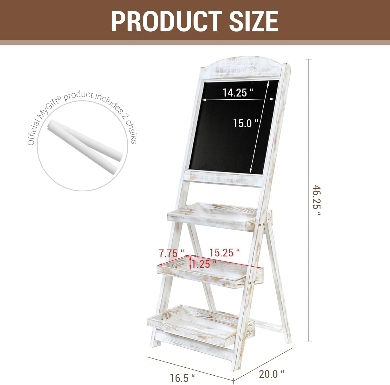 MyGift Shabby Whitewashed Wood Freestanding Chalkboard Easel with 3-Tiered Display Shelves, Decorative Chalkboard Plant Shelf Stand