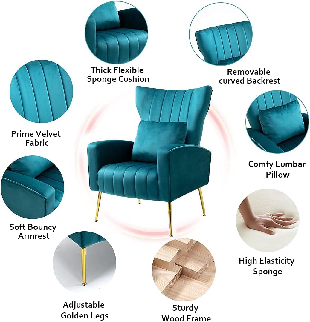 WQSLHX Living Room Chairs Velvet Accent Chair with Lumbar Pillow, High Back Armchair Mid Century Modern Vanity Chair for Bedroom with Armrest, Arm Chair with Golden Metal Legs, Blue Teal : Home & Kitchen
