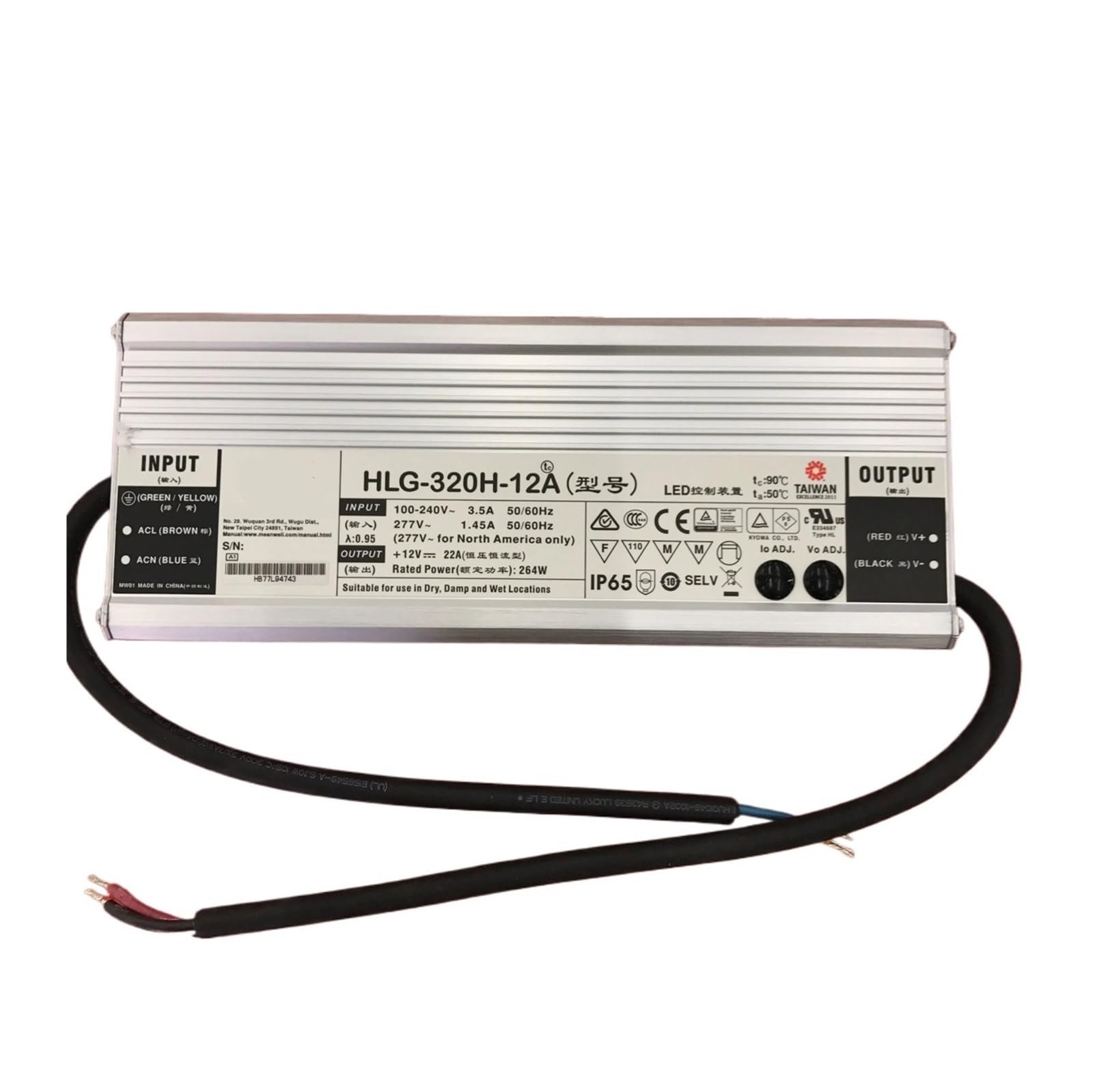 Alimentation HLG-320H-12A transformateur 264W 12V 22A étanche