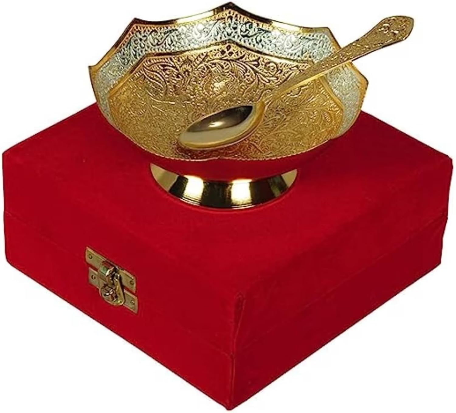 Handcrafted German Silver Gold Plated Bowl with Spoon Flower Embossed Serving Bowl Gift Set - 5 Inch