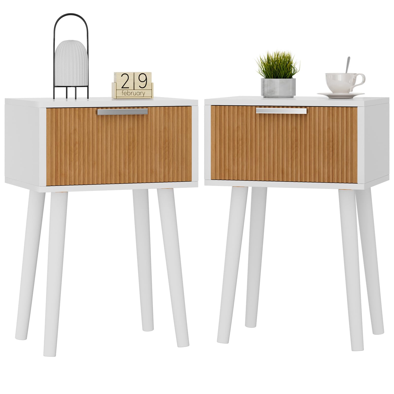 YMYNY Set di 2 Comodini, Tavolino in Legno, Cassetti decorati in ondulata, Maniglia magnetica, Gambe di legno massiccio, Catena di fissaggio, per Camera da Letto, Bianco e Naturel HST014WN-2
