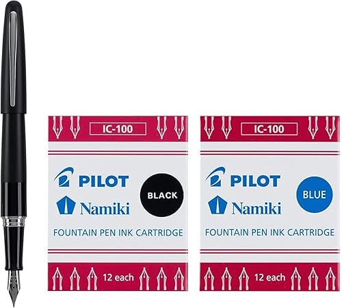 PILOT Metropolitan Collection - Pluma estilográfica, barril negro, diseño clásico, punta media, con 12 cartuchos de tinta negros y 12 azules