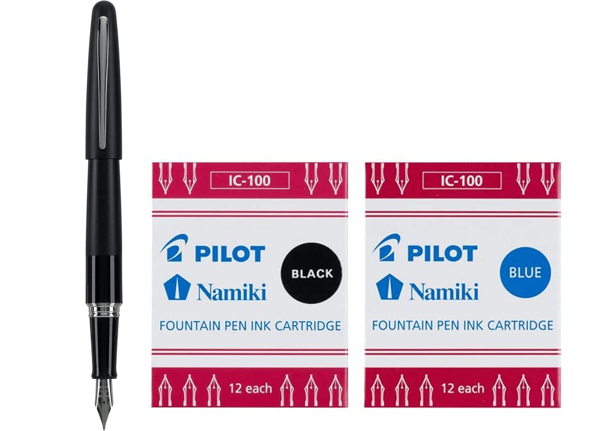 PILOT Metropolitan Collection Fountain Pen, Black Barrel, Classic Design, Medium Nib, With 12 Black And 12 Blue, Ink Cartridges