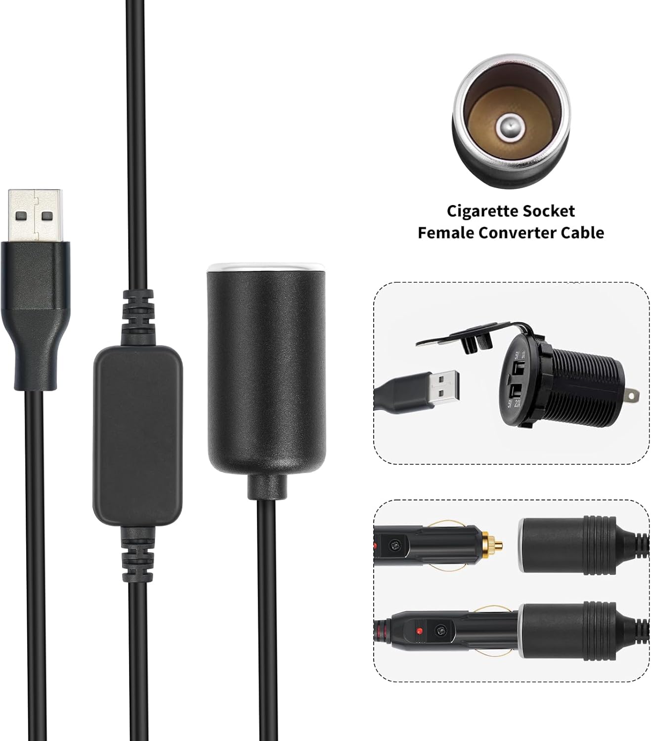 USB A Male to Car Cigarette Lighter Socket Female Converter Cable 1 Feet,5V to 12V 18W USB to Cigarette Lighter Adapter for Dash Cam, GPS car intercom 3