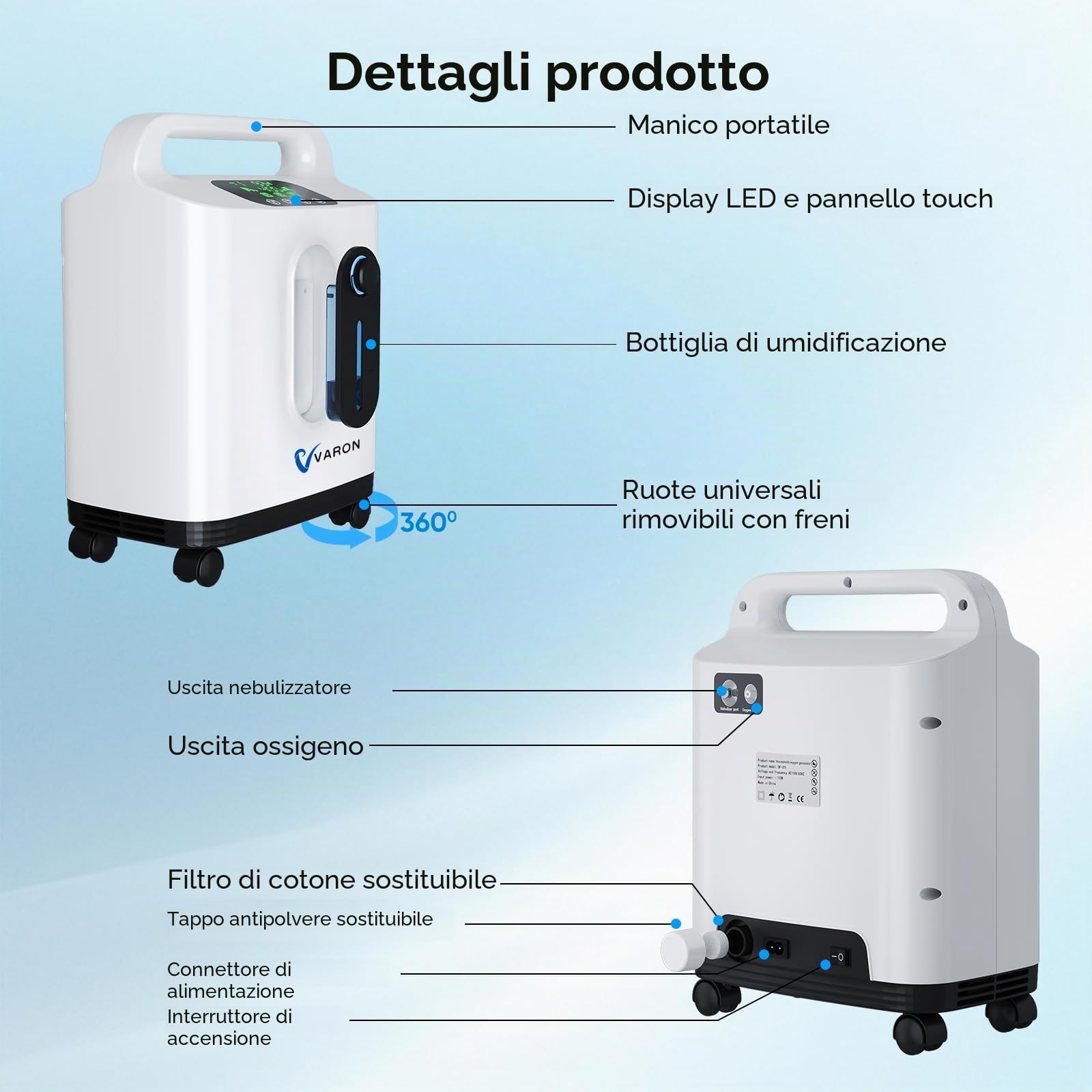 Concentratore di ossigeno per la casa, 93%, 1-8 l/m, concentratore di ossigeno regolabile, portatile, intelligente con telecomando, controllo intelligente
