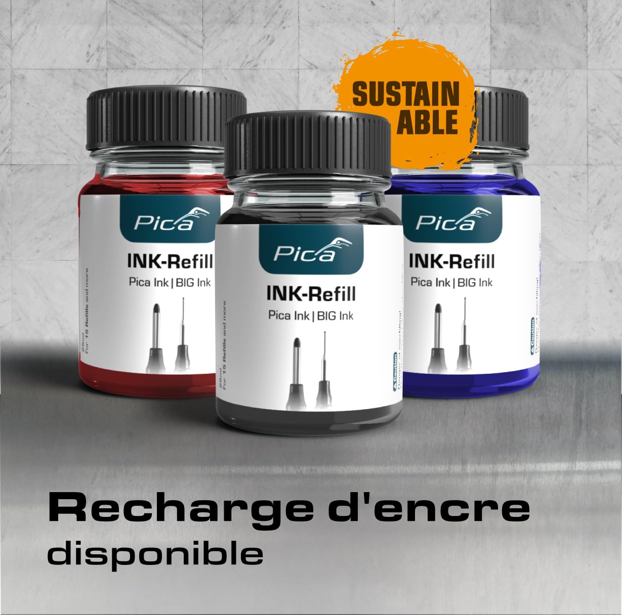 Pica Ink‑Set | 3 marqueurs de trous profonds noir rouge bleu | Pointe 1,5 mm | Marqueur permanent pour zones difficiles | Idéal pour perçages | Résistant à l’eau