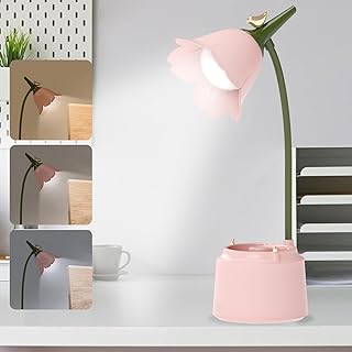 YOYIAG LED Flower Desk Lamp: Adjustable Flower Shaped Touch Reading Lamp with 3 Color Modes and Stepless Dimming, USB Rechargeable LED Desk Lamp with Pen Holder and Phone Holder(Pink)