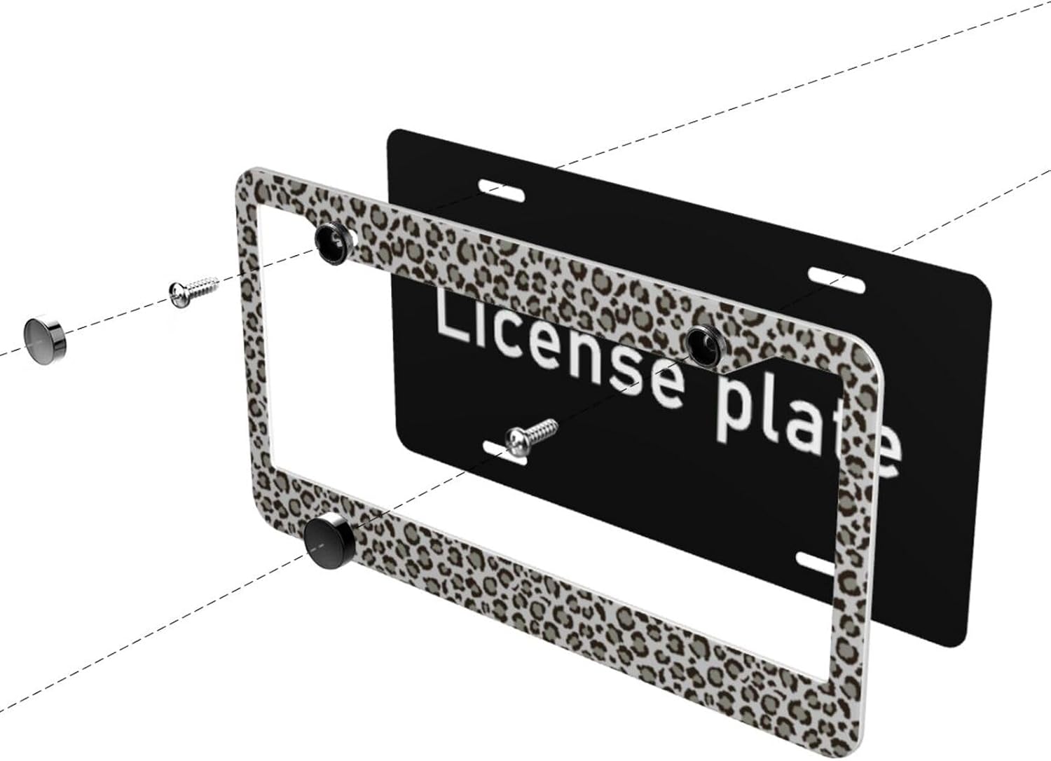 Grey White Leopard Print License Plate Frame Snow Cheetah 2 Pack License Plate Covers Aluminum Metal Novelty Auto Car Tag Holder with 4 Holes 12.3" x 6.3"in Equipped with Screws for Women/Men Frames image 4