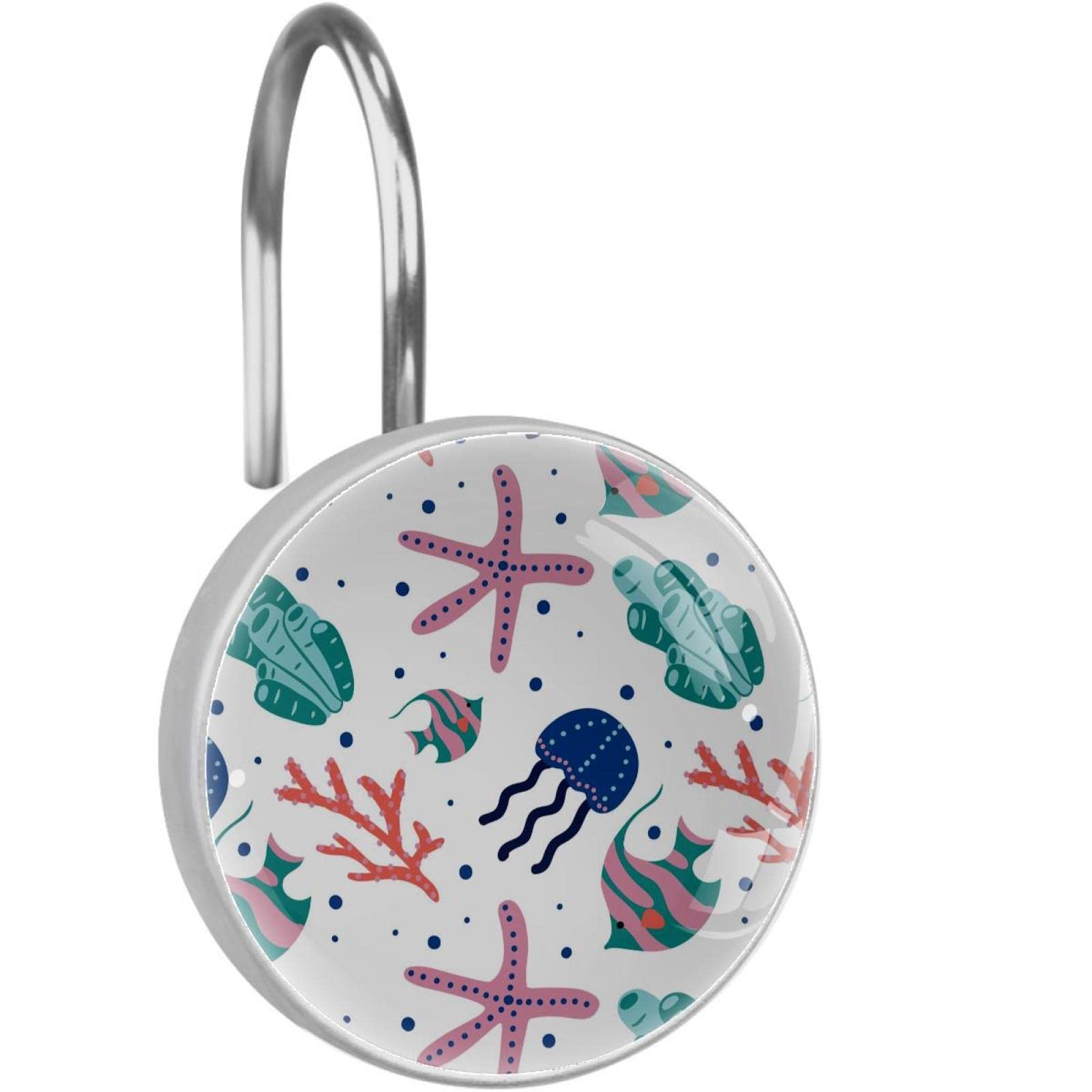Crochets de rideau de douche inox corail et étoile de mer pour déco salle de bain marine