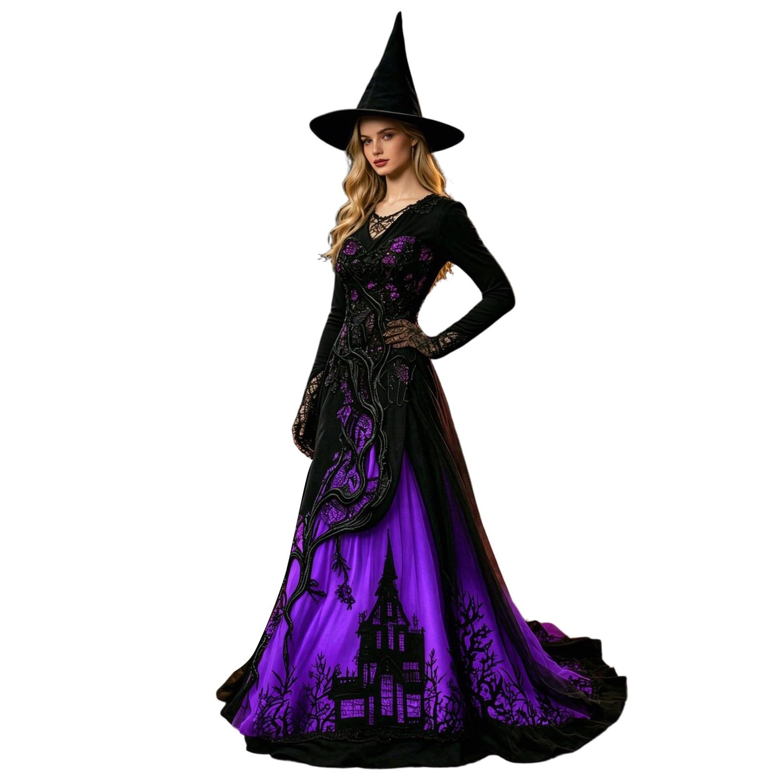 Witch Halloween Costume For Women Elegant Gothic A-Line Lace Dress