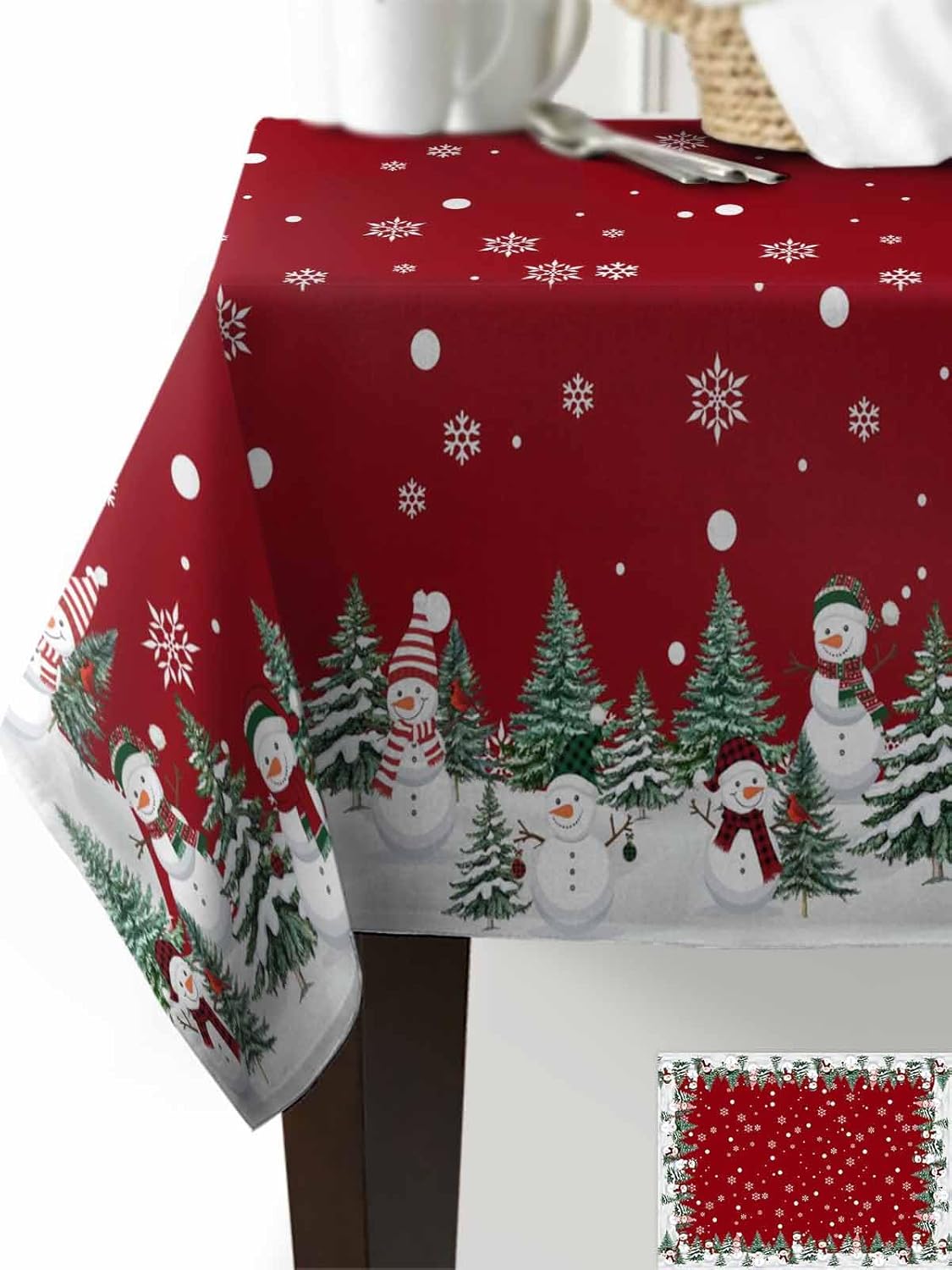 Christmas Rectangle Tablecloth Waterproof & Stainproof Tablecloths, Red Snowflake Winter Snowman Xmas Tree Plaid Wipeable Table Cloth Wrinkle-Free for Dining/Party/Wedding Holiday Decorations, 60x84