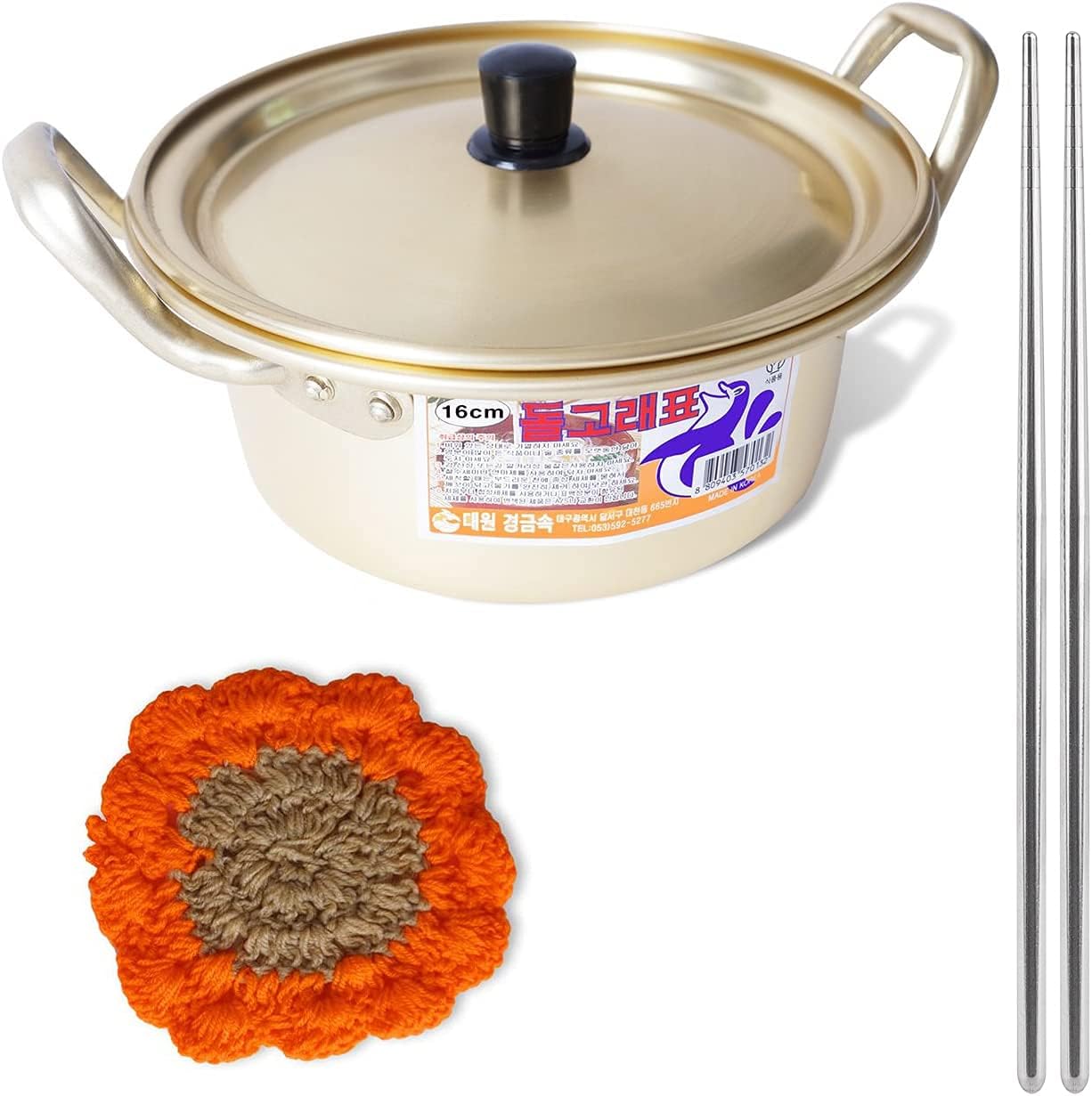 Korean Ramen Noodle Pot 6.3"(16cm) + Chopstick (1 Pair) + Dish scrubber, Made in Korea (Standard version)