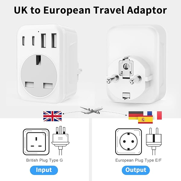 UK To European Plug Adapter,5 IN 1 European Travel Adaptor with 2 USB C & 2 USB A,Grounded EU Plug Adapter for Germany Spain France Turkey Greece etc (Type E/F) - 2