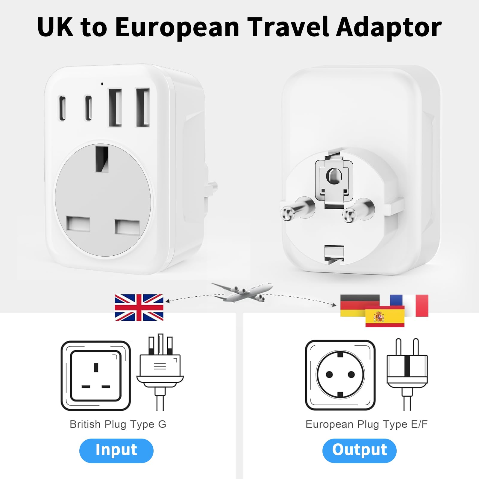 UK To European Plug Adapter,5 IN 1 European Travel Adaptor with 2 USB C & 2 USB A,Grounded EU Plug Adapter for Germany Spain France Turkey Greece etc (Type E/F) — view 2