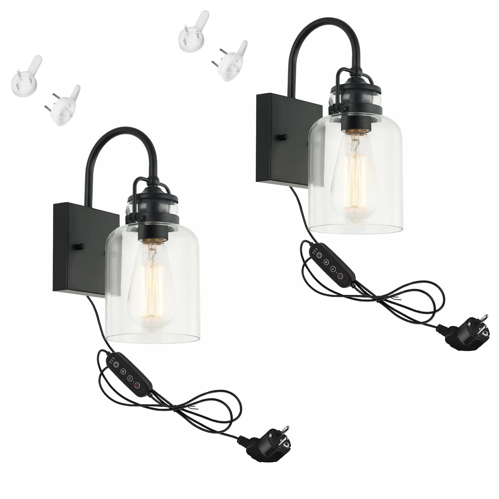 Dimmbar Wandleuchte Innen Mit Schalter, 2er Pack Vintage Glas Wandlampe mit E27 Lampenfassung und Zeitschaltuhr für Wohnzimmer Schlafzimmer TreppenhausFlur-Schwarz(BD2381)