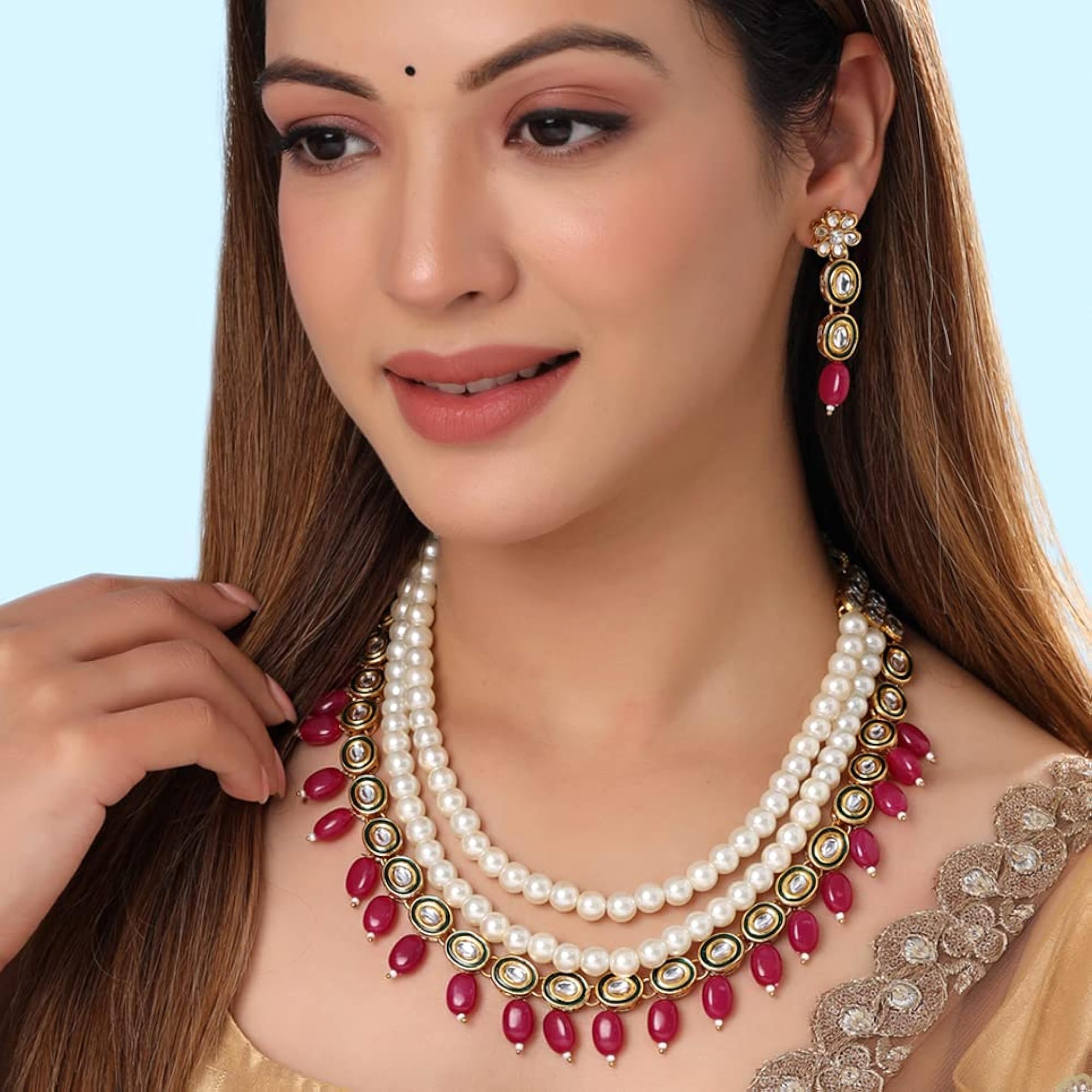 Kundan Pearl Beaded Necklace & Drop Earrings Set, Birthday Gift