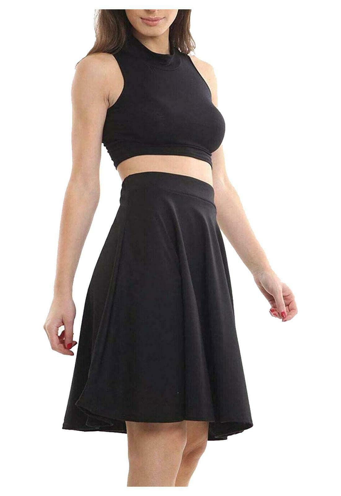 Metluq M0d4 Women's Black Knee Length Midi Skater Swing Flared Jersey Stretchy Skirt Uk (12, )