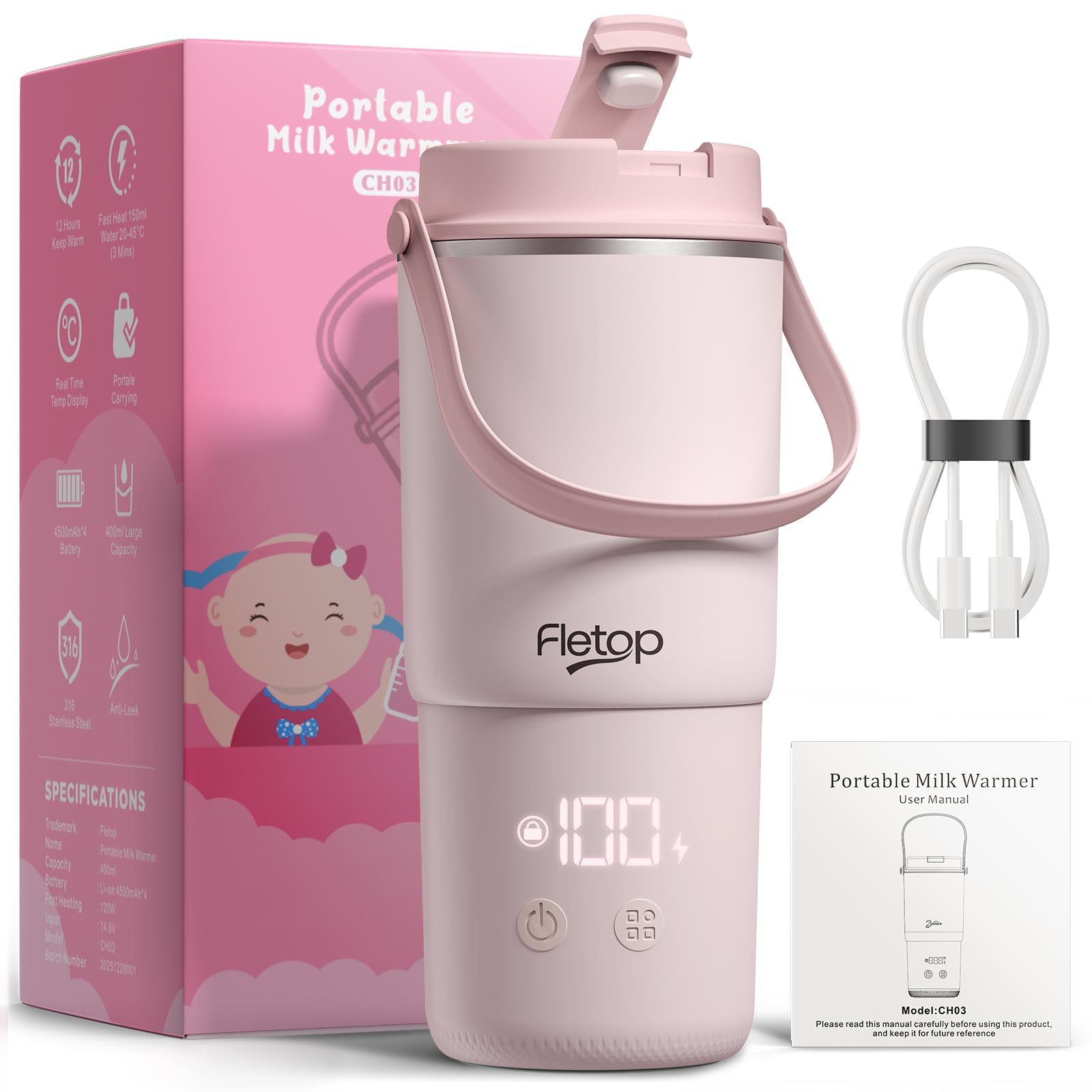 Tragbarer Flaschenwärmer Baby für unterwegs, 120W Schnellaufheizen in 2 Min, Dampfsterilisation, Weite Öffnung – einfache Reinigung, 8 Heizstufen für Muttermilch/Formula/Wasser, 18000mAh Akku