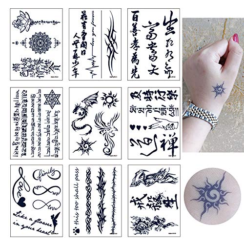 glaryyears Semi Permanent Tattoo Sticker — 9 Sheets/Set Temporary Tat Stickers 33 Tattoo Designs Small Size Dragon Words Letters Symbols Love Long lasting Waterproof for Women Men