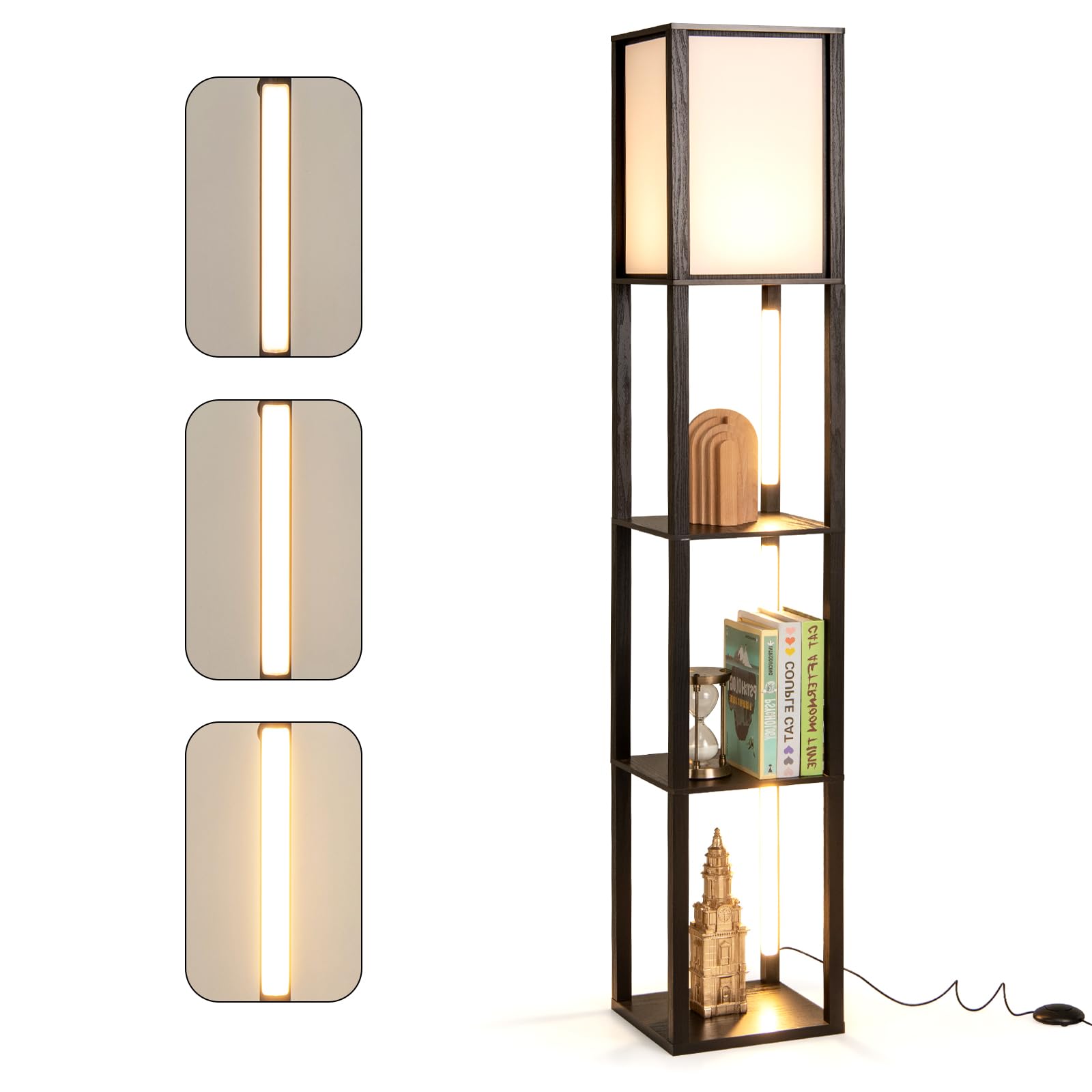 GiantexUK Floor Lamp with Shelves, 3/4-Tier Standing Light with Rotatable Poles & 3 Level Brightness Adjustable LED Bulbs, Tall Display Lighting for Living Room Office (1 Shade, 3 Layers, 3 LED Poles)