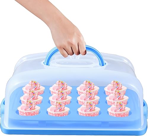 Miniatura 5 de FEOOWV Porta magdalenas 2 en 1 con tapa, portador rectangular para tartas, contenedor de almacenamiento portátil grande para almacenar 12 cupcakes o