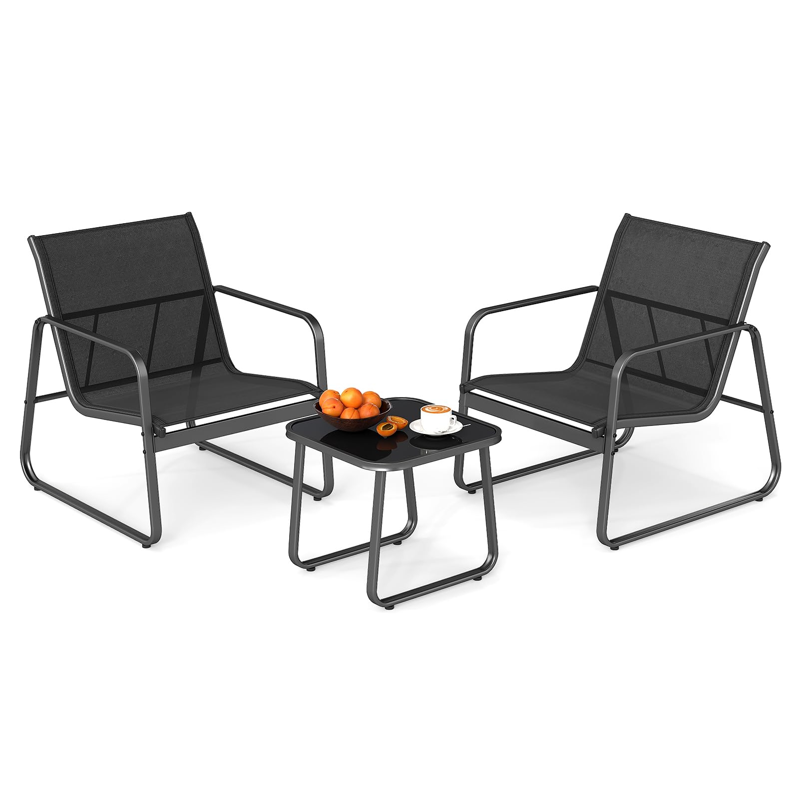 COSTWAY 3-Piece Patio Bistro Set, Garden Furniture Set with Tempered Glass Table and Chairs, Metal Frame Outdoor Conversation Table Chairs Set for Balcony, Lawn and Poolside(Black, 77 x 61 x 75cm)
