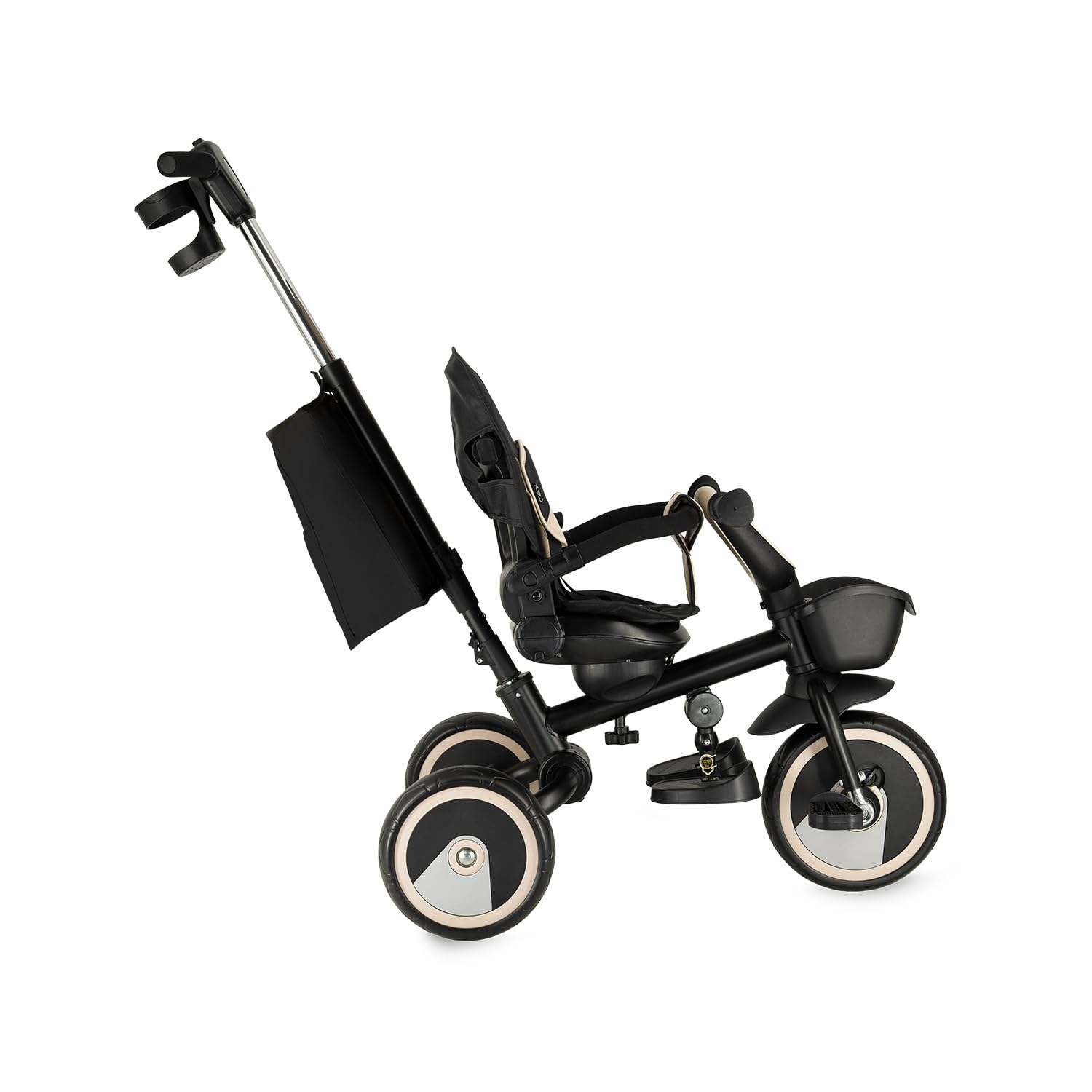 Triciclo per bambini MoMi IVI, seduta girevole 360°, cinture a 3 punti, poggiapiedi, tettuccio parasole, ruote EVA, manubrio regolabile, borsa e cestino portaoggetti