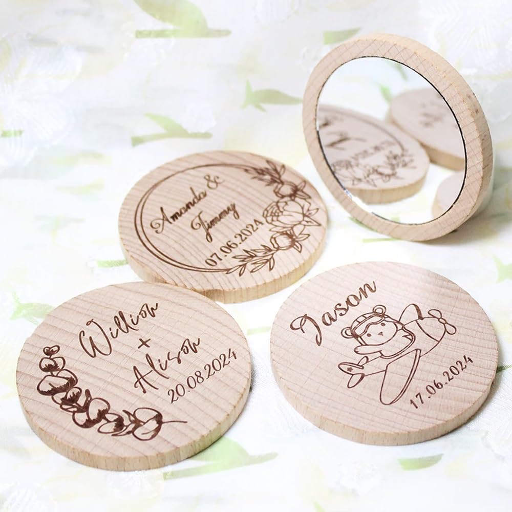 miguha Personalised Wooden Mirror Customized Engraved Wood Portable Round Compact Pocket Mirror Bridesmaid Wedding Favors For Guests Custom Name