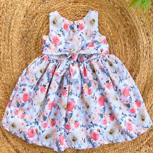 Image of Stanwells Kids Dress for Girls Heart Embroidery Pattern Knee Length Applique Kerala Ethnic Cotton Frock for Baby Girls Zipper Cap Sleeve Dress for Girls Cream & Red (6 Months - 7 Years)