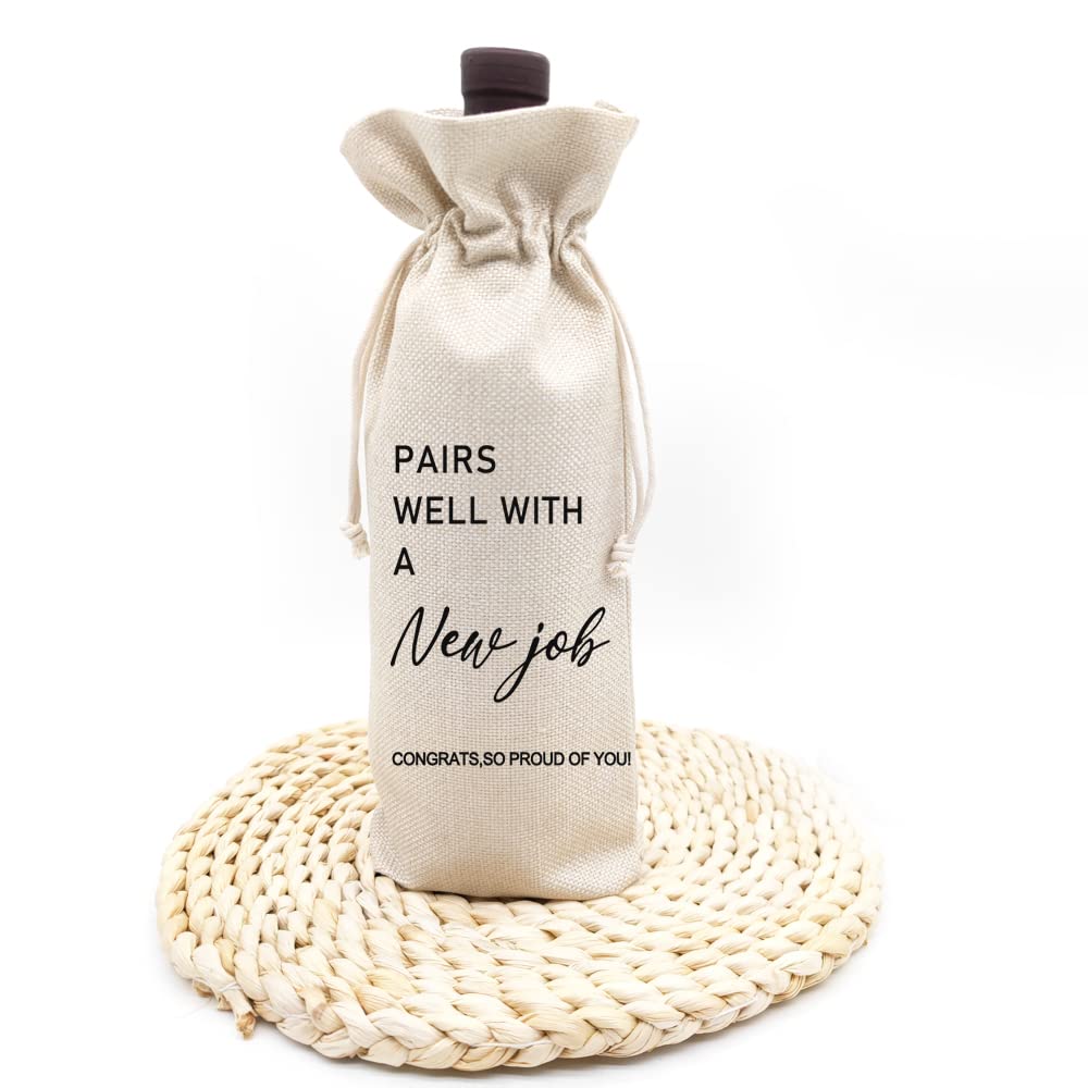 Pairs Well with New Job Wine Bag, Burlap Wine Bottle Bag for New Job, Gift for Her Him, Congrats on the Coworker, Boss, Friends, Colleague