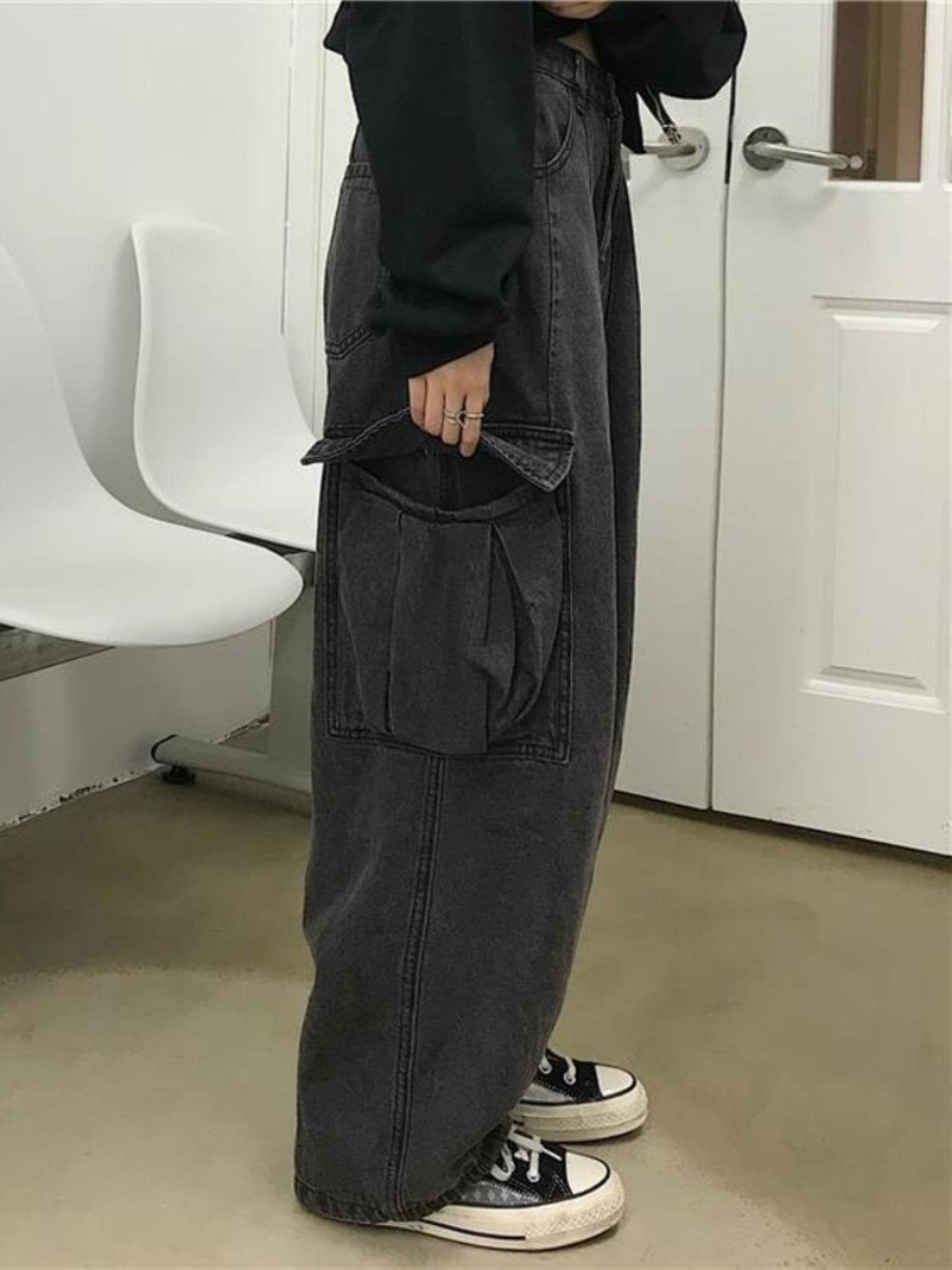 Yujun Grunge Streetwear Grigio Baggy Jeans Donna Coreana Moda Tasche Oversize Pantaloni Cargo in Denim Hip Hop Pantaloni a Gamba Larga