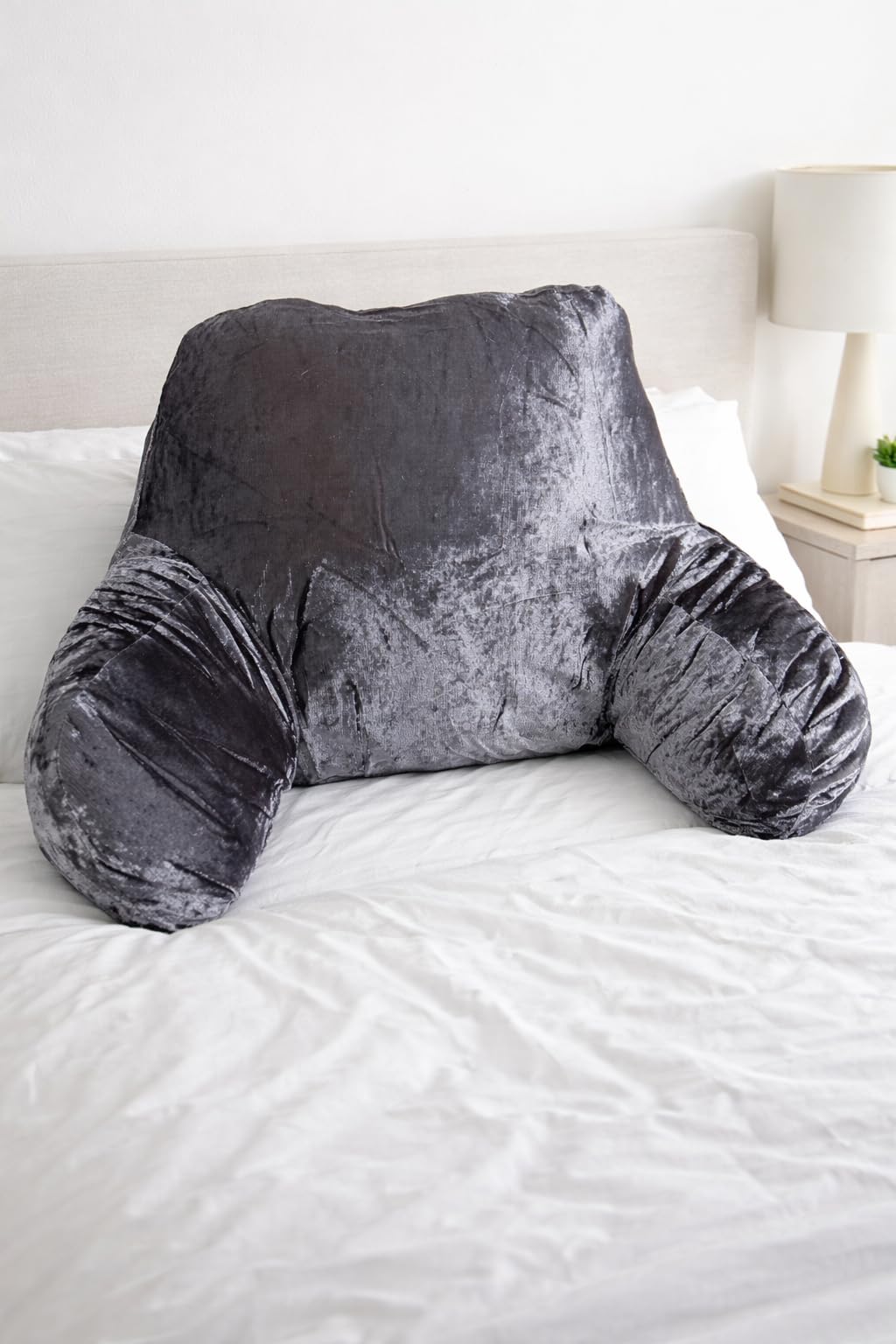 L S U Backrest Reading Pillow with Arms Crushed Velvet High Back Support Cushion for Sitting Up (charcoal)