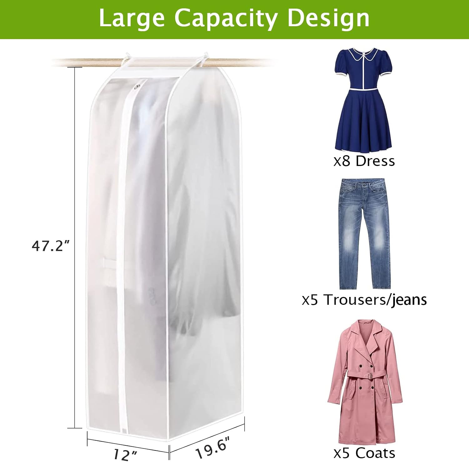 KONKY Garment Clothes Cover Protector, Lightweight Closet Storage Bags Translucent Dustproof Waterproof Hanging Clothing Storage Bag with Full Zipper & Magic Tape & Strap for Coat Dress Windcoat-Large