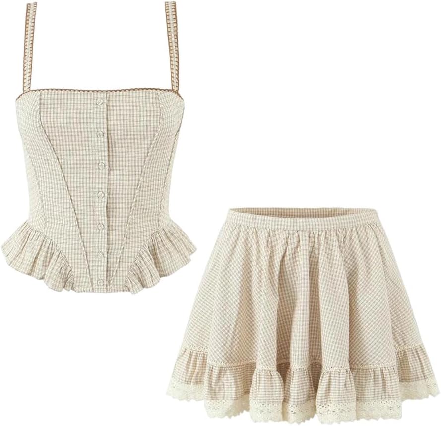 Women's Spaghetti Strap Corset Top and Ruffle Hem Short Skirt 2 Piece Y2k Outfit