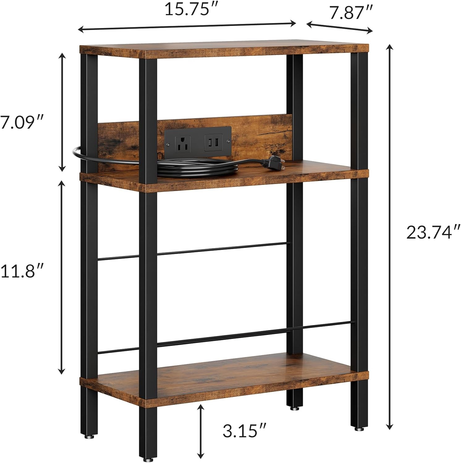 Narrow Side Table (Rustic Brown) - Nightstand with Charging Station (2 USB + 1 AC Outlet) & Drawer, Mute Wheels for Balcony/Kid’s Room/Bedroom